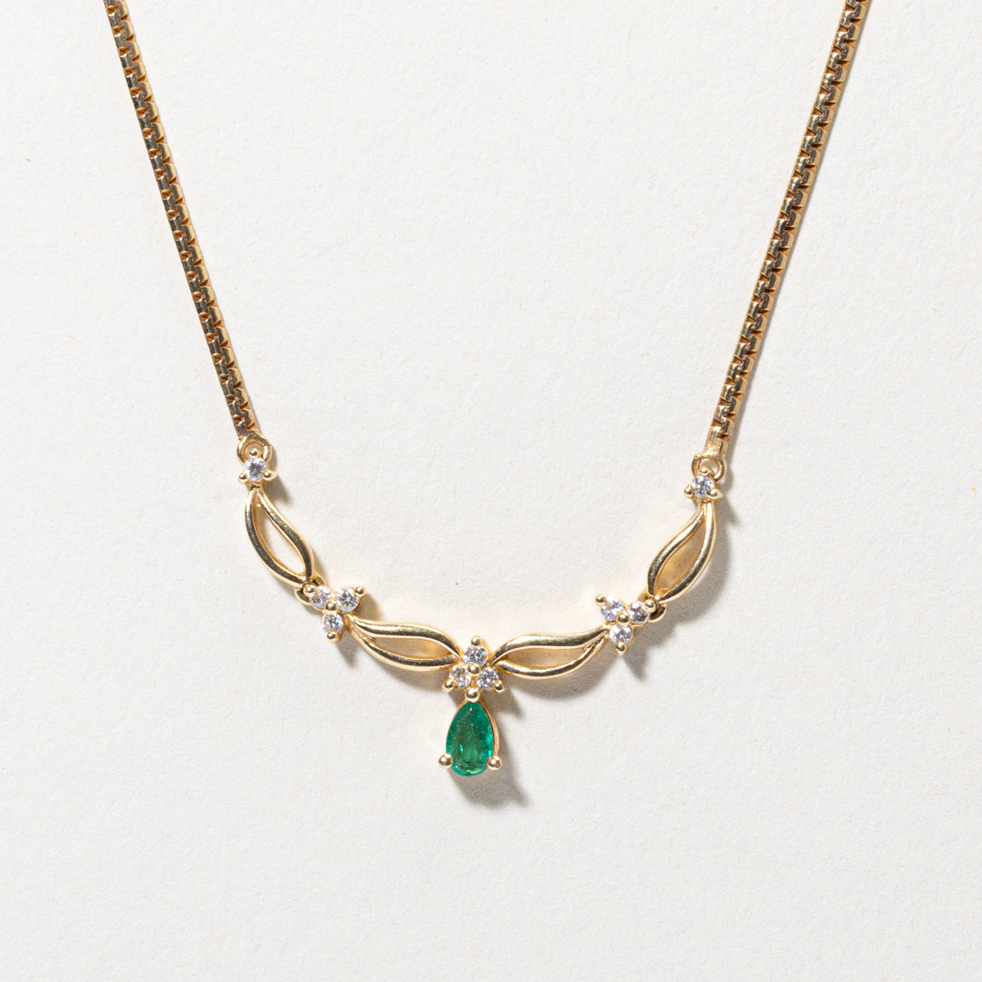 Pear Cut Emerald & Diamond Floral Cluster Necklace | 16"