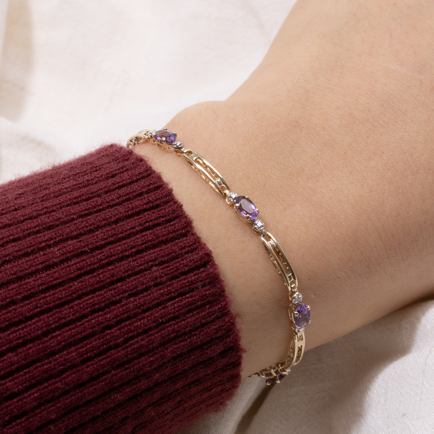 Five Stone Oval Cut Amethyst & Diamond Gemstone Bracelet | 7"