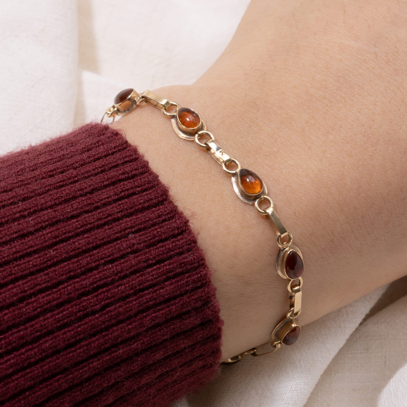Bezel Set Pear Cabochon Amber Gemstone Bracelet | 8"