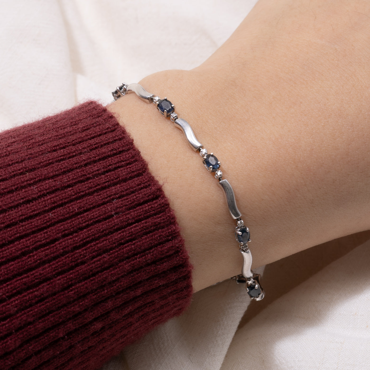 10k Sapphire & Diamond Wave Gemstone Bracelet | 1.26ctw, 0.01ctw | 7"