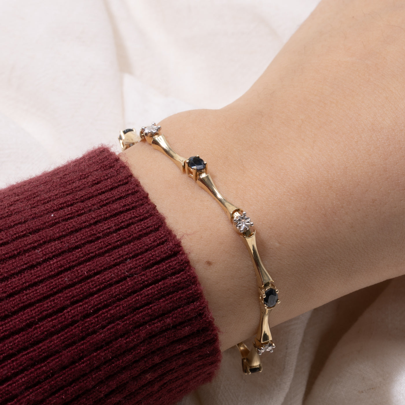 10k Sapphire & Diamond Bar Gemstone Bracelet | 1.20ctw, 0.03ctw | 7.5"