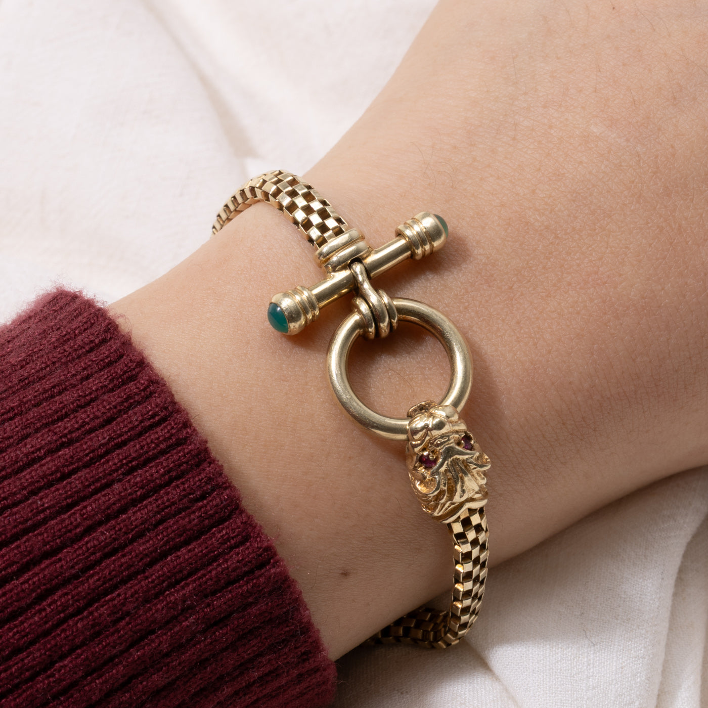 Lion Head Ruby & Emerald Toggle Chain Bracelet | 7"