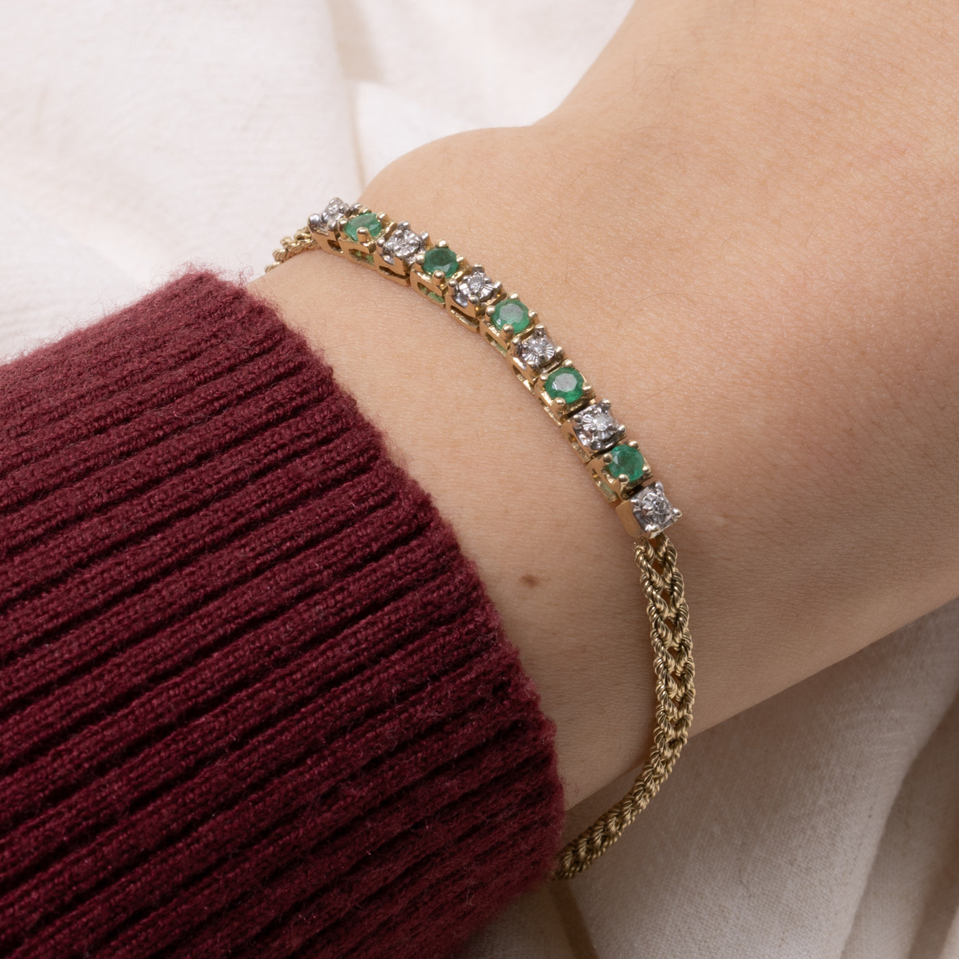 Emerald & Diamond Rope Chain Bracelet | 0.30ctw, 0.03ctw | 7"