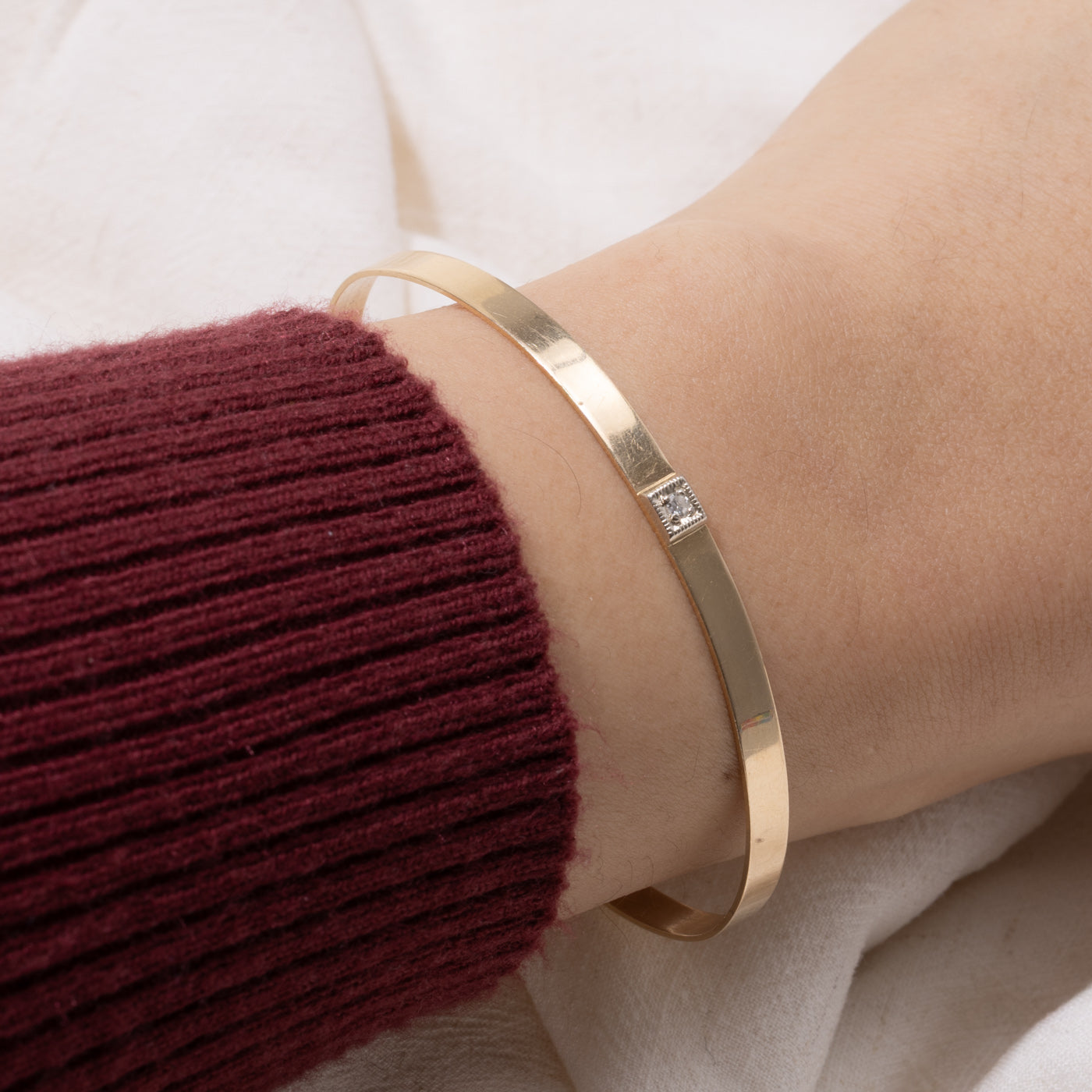 14k Yellow Gold Single Diamond Cuff Bracelet | 5"