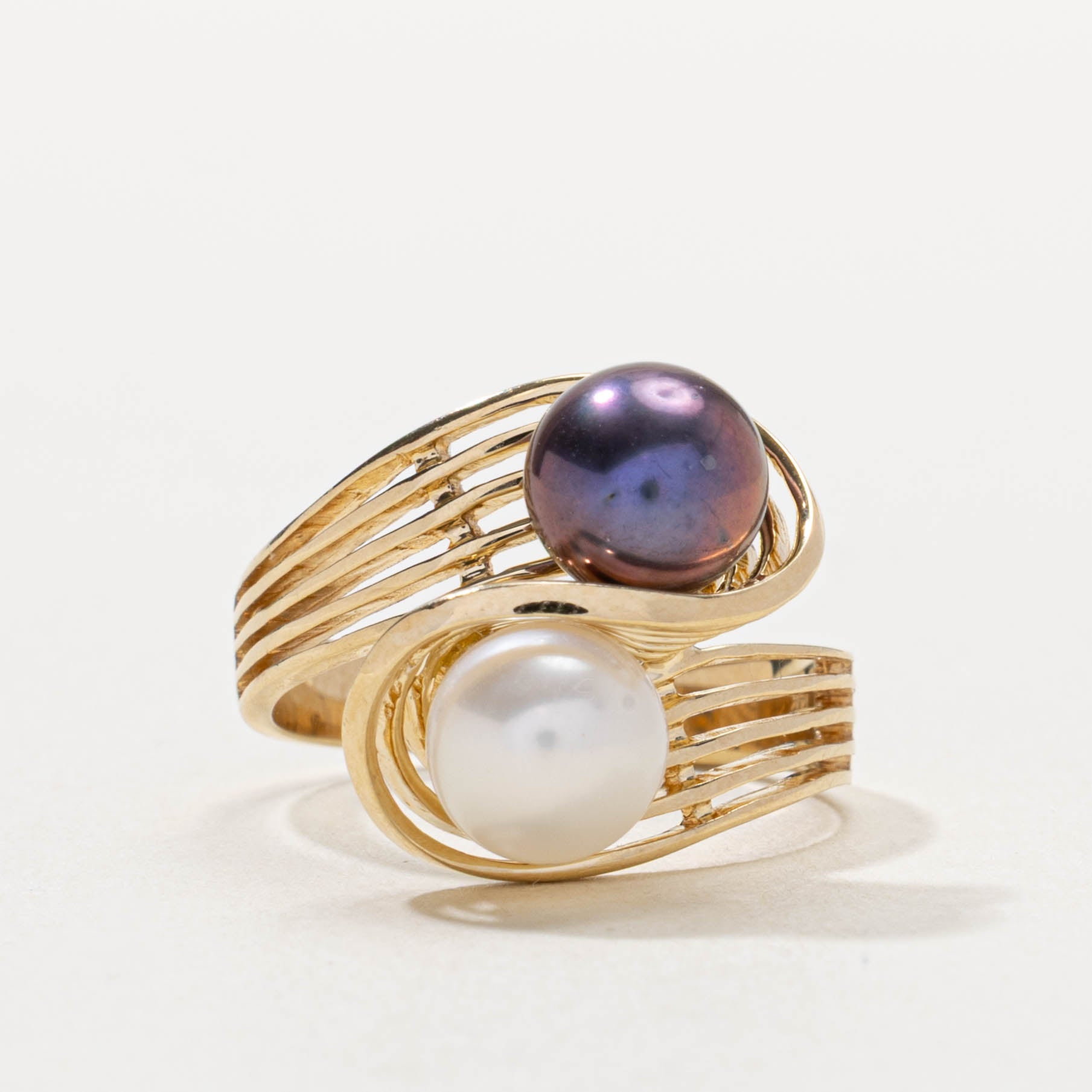 14k Two Stone Pearl Grooved Bypass Ring | SZ 6.25
