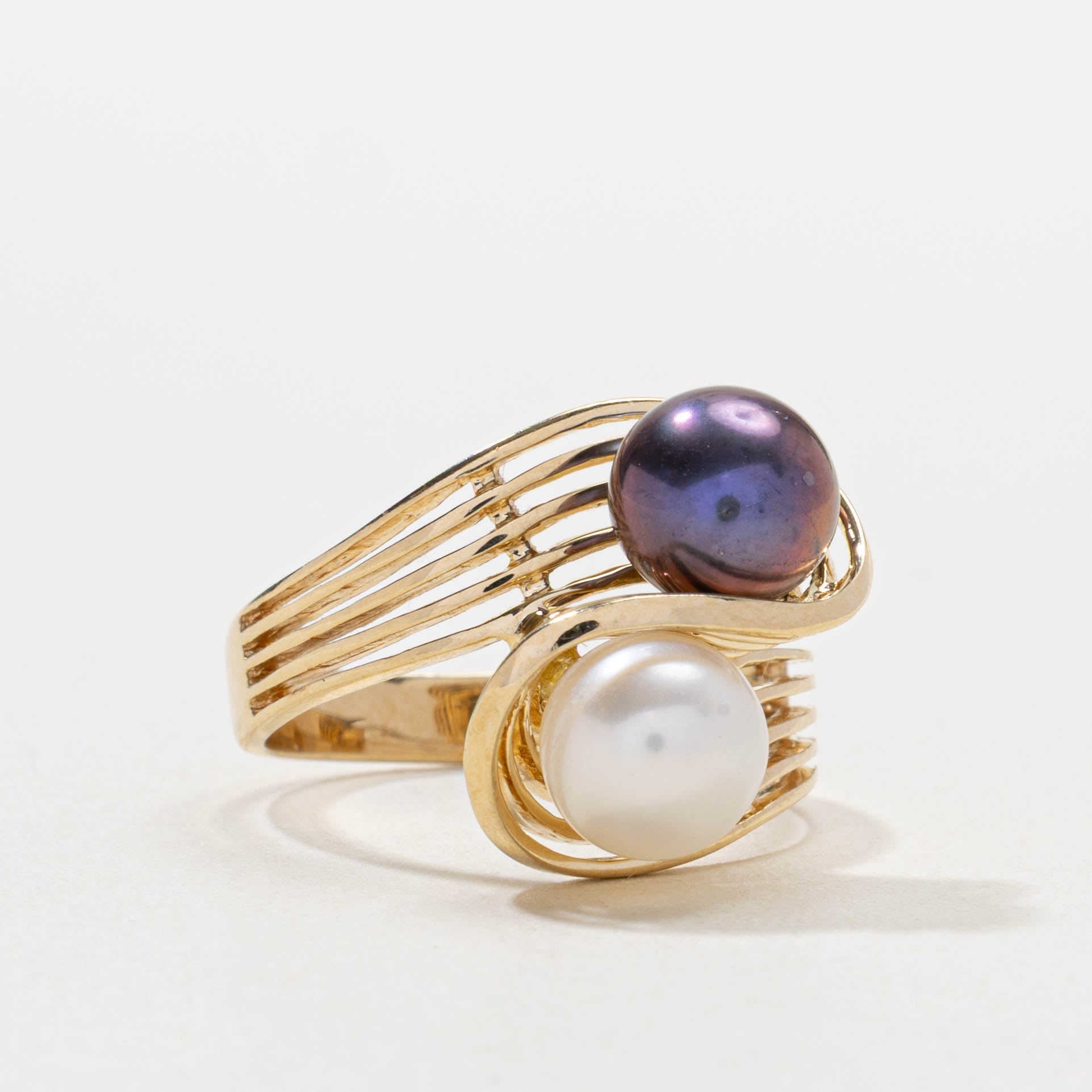 14k Two Stone Pearl Grooved Bypass Ring | SZ 6.25
