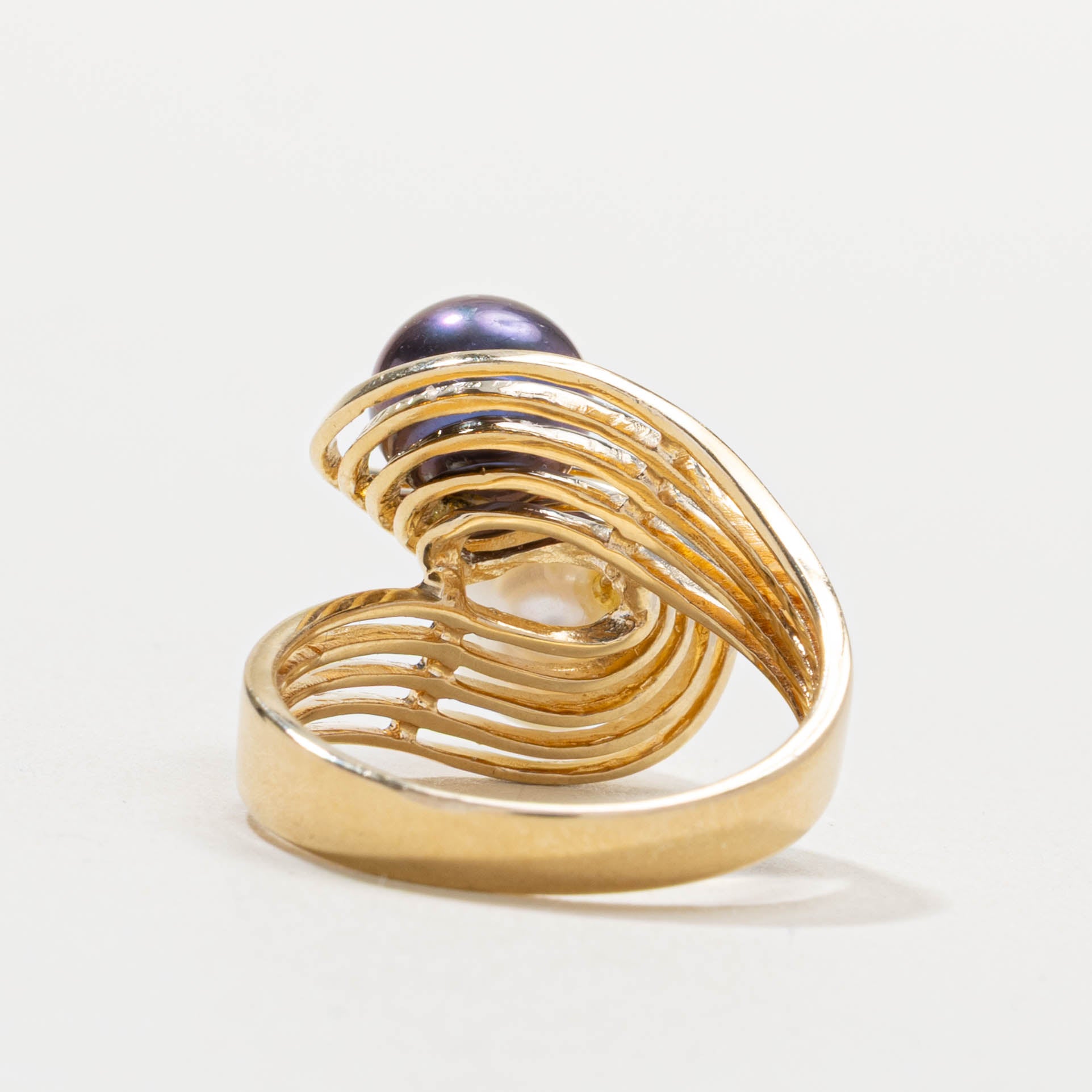14k Two Stone Pearl Grooved Bypass Ring | SZ 6.25