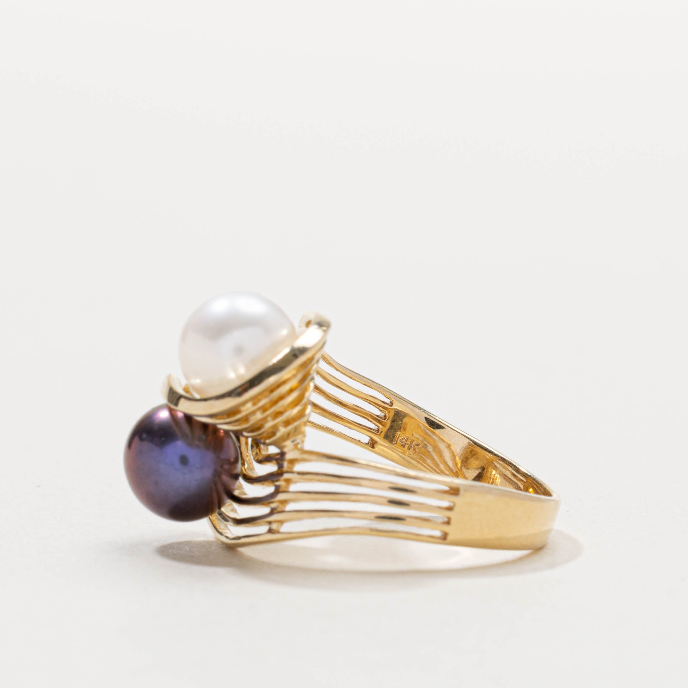 14k Two Stone Pearl Grooved Bypass Ring | SZ 6.25