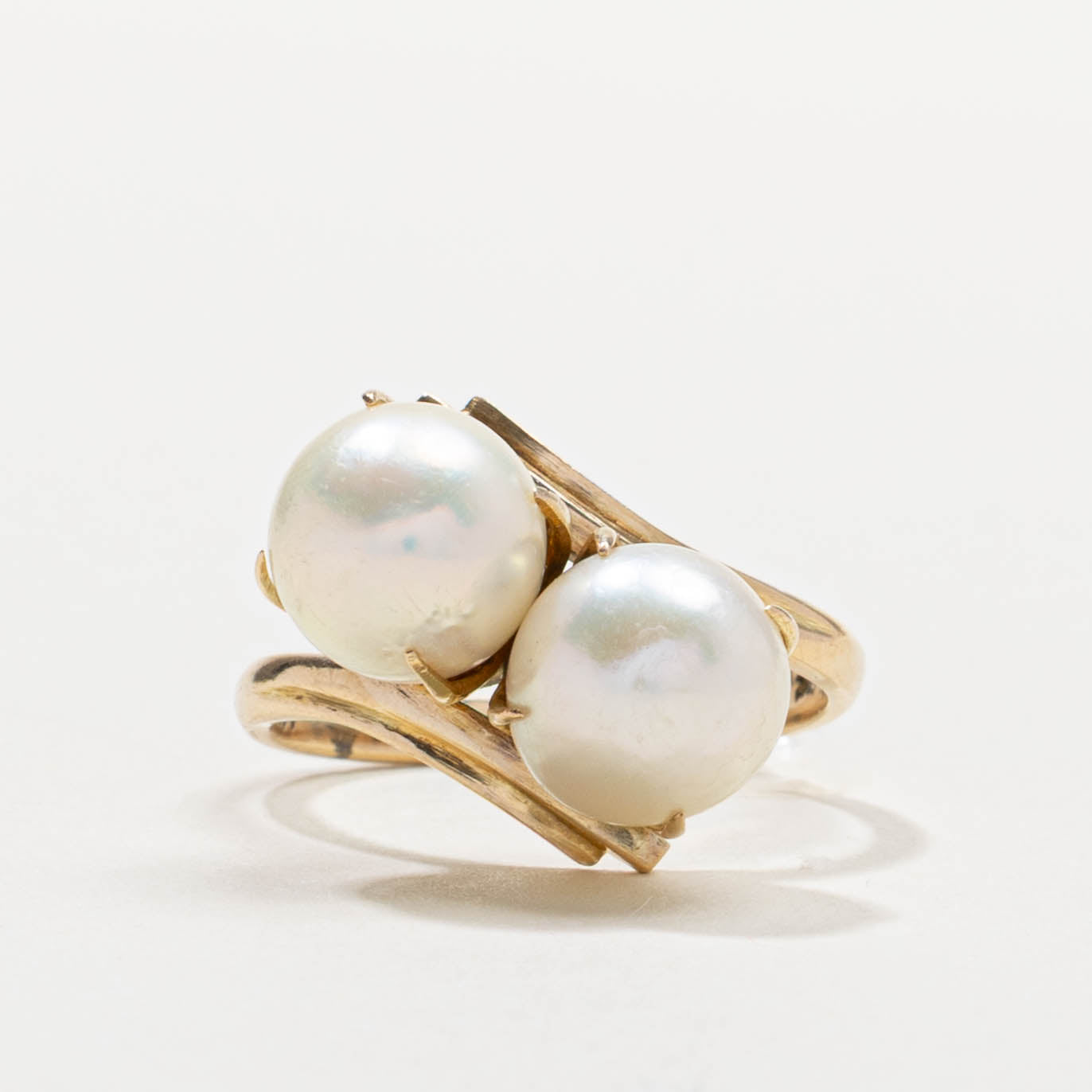 14k Two Stone Pearl Grooved Bypass Ring | SZ 8