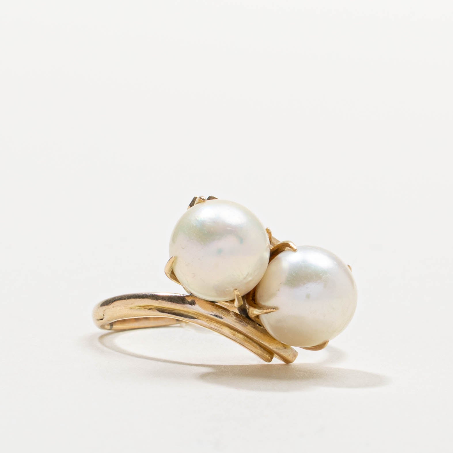 14k Two Stone Pearl Grooved Bypass Ring | SZ 8
