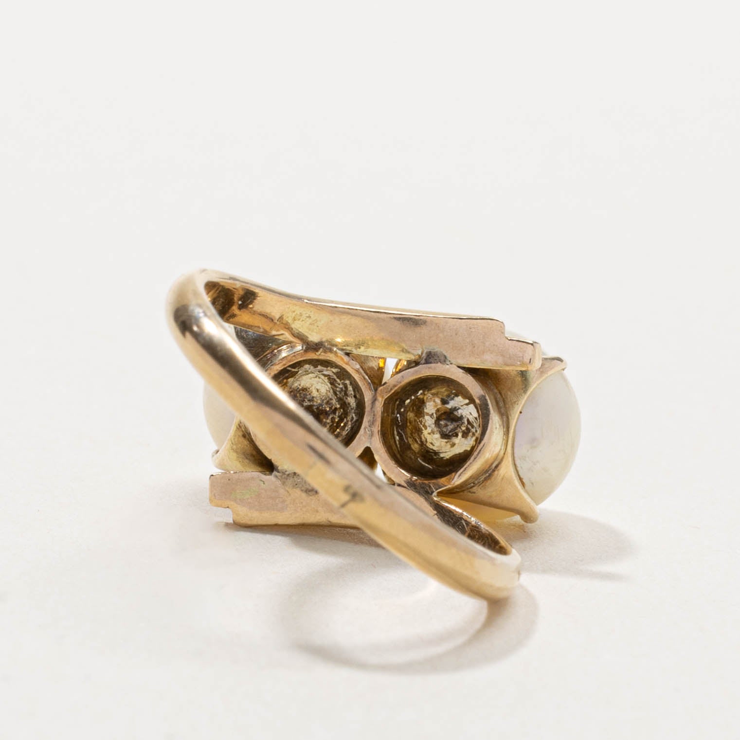 14k Two Stone Pearl Grooved Bypass Ring | SZ 8