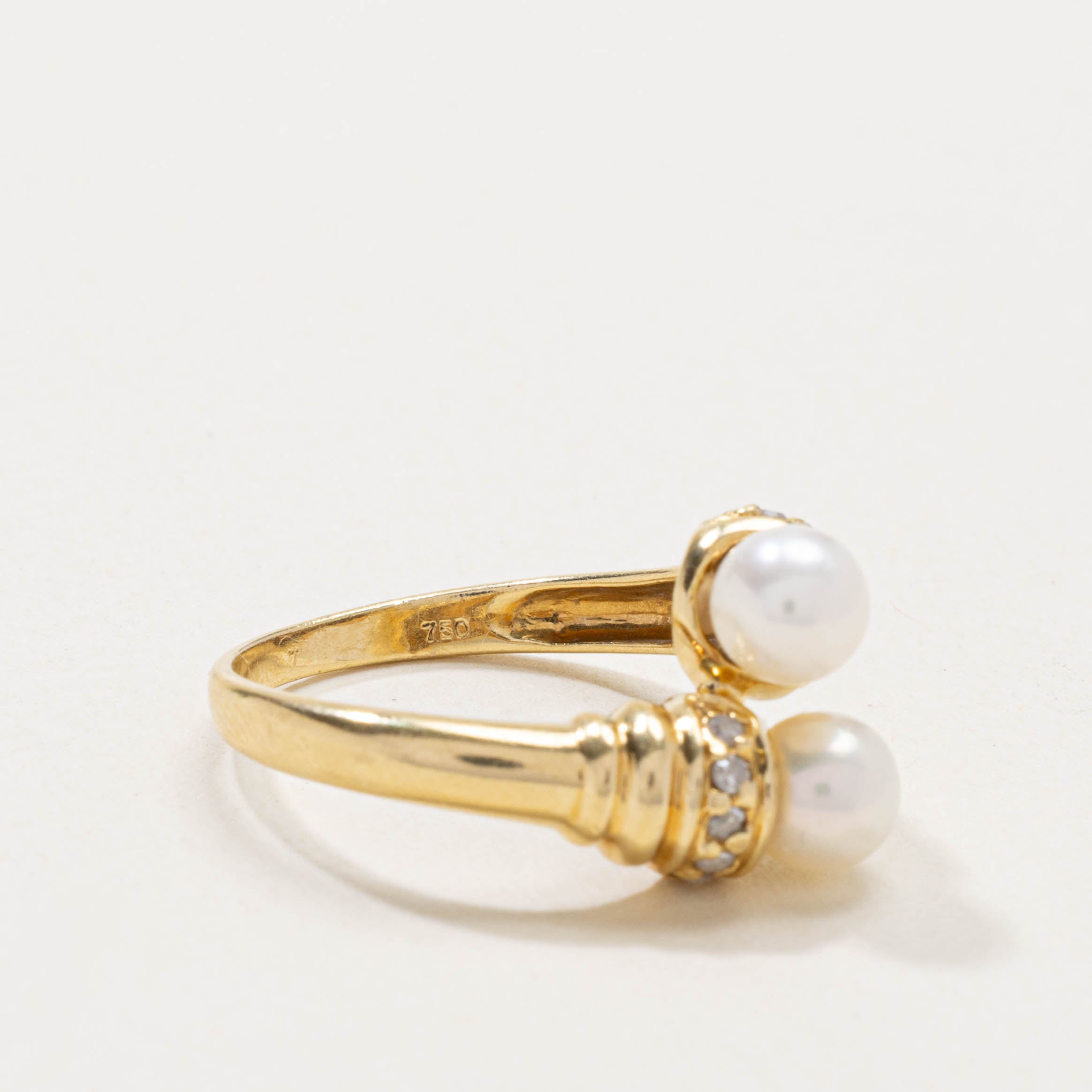 18k Pearl & Diamond Grooved Bypass Ring | SZ 6.25