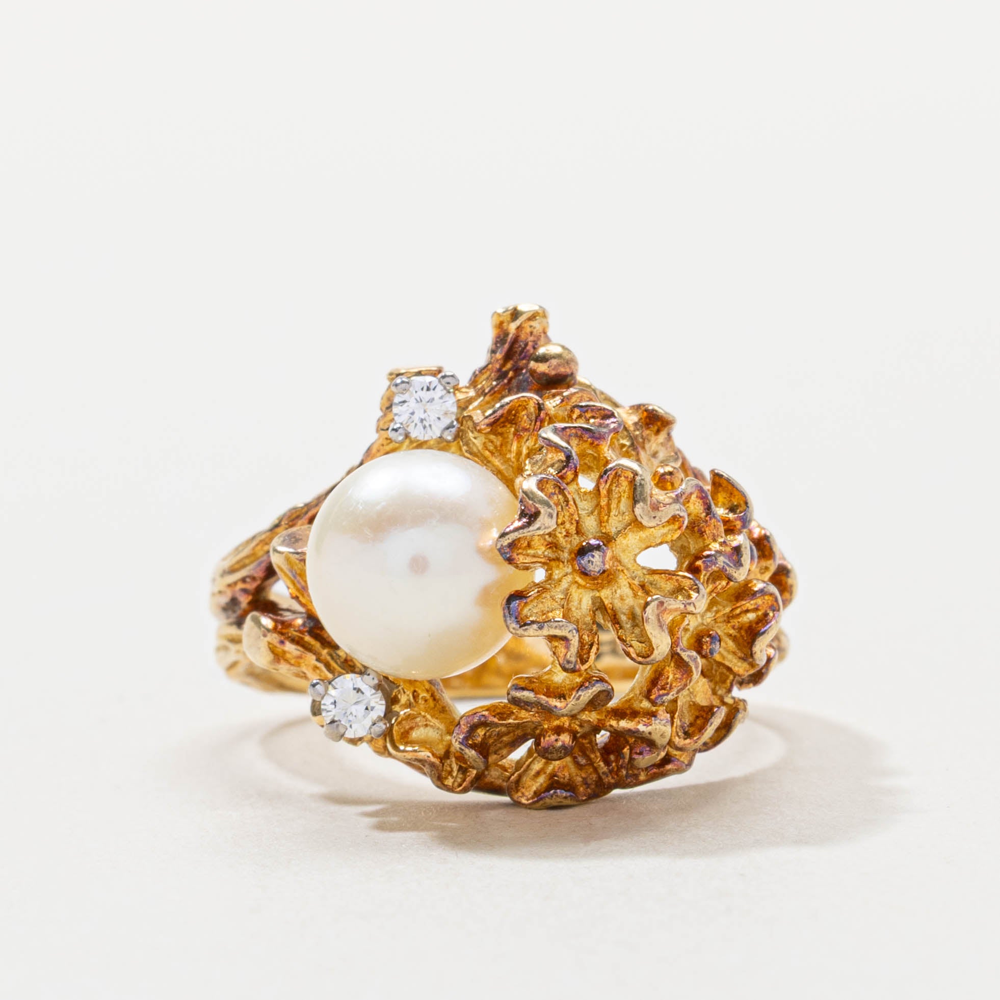 18k Pearl & Diamond Textured Cocktail Ring | SZ 6.75