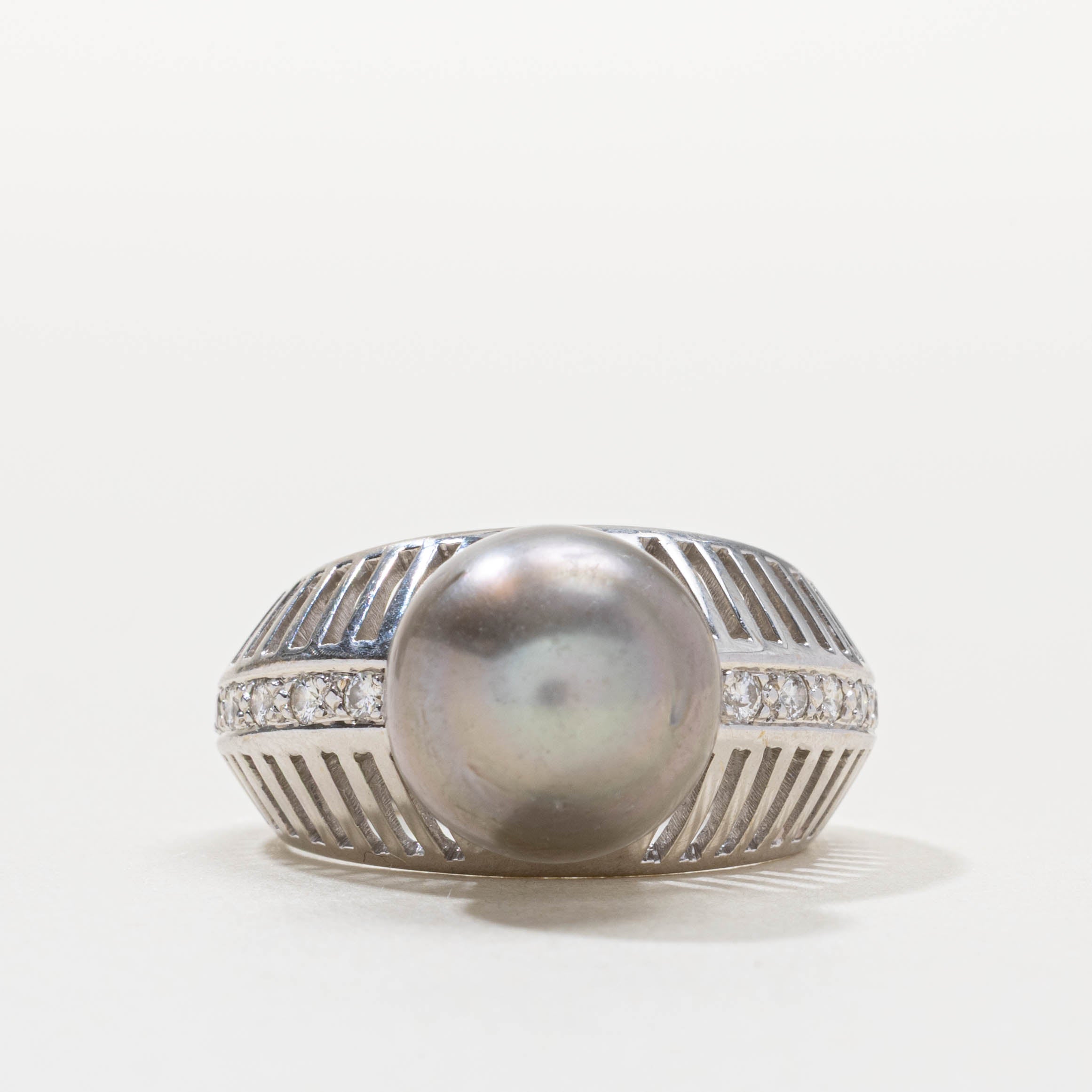 18k Pearl & Diamond Openwork Cocktail Ring | SZ 6.75