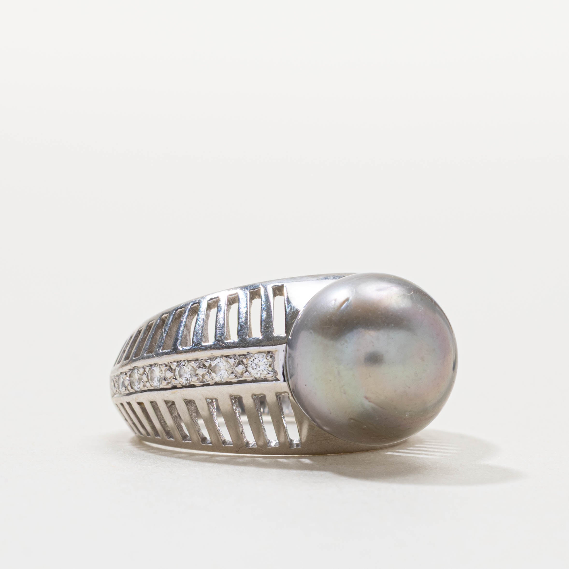 18k Pearl & Diamond Openwork Cocktail Ring | SZ 6.75