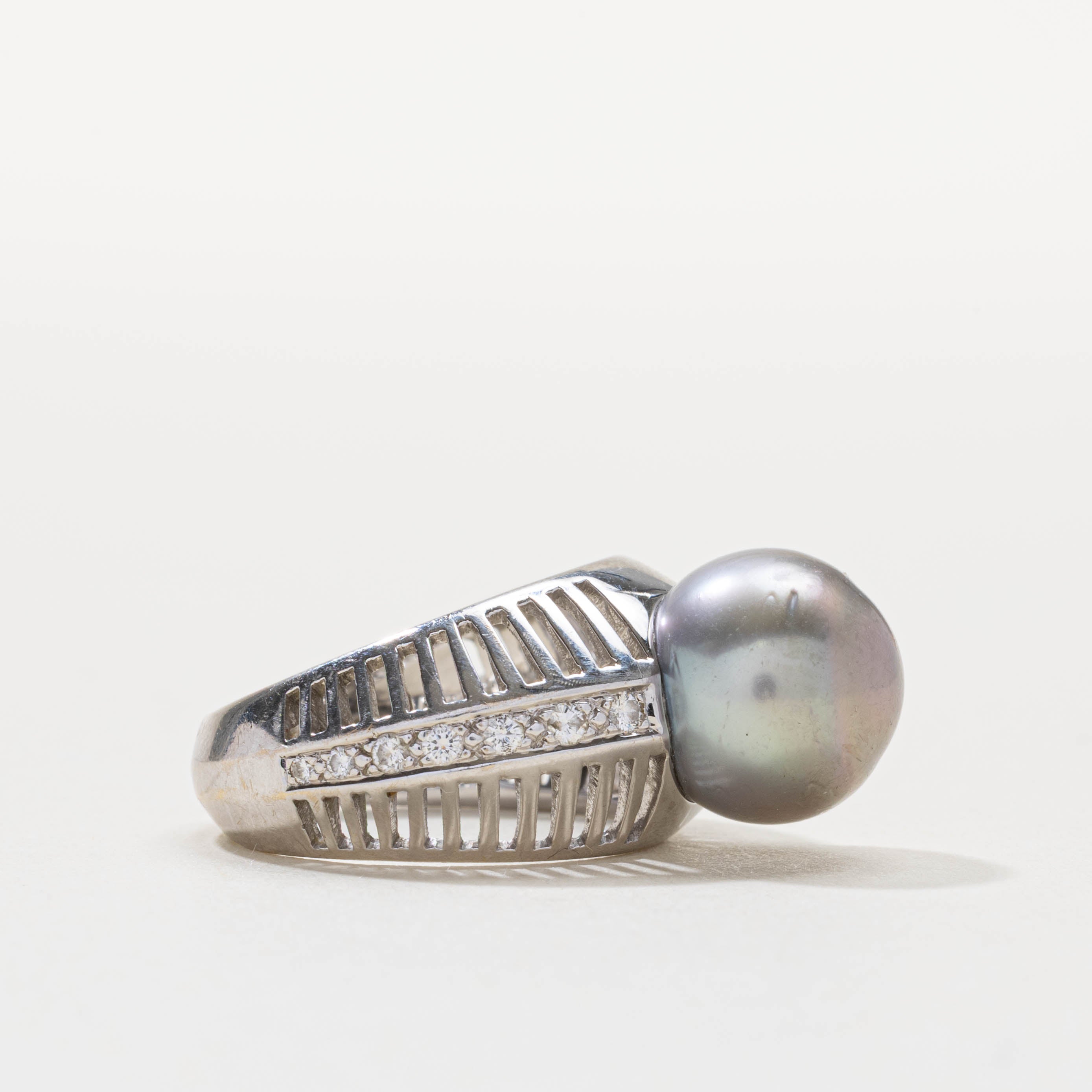 18k Pearl & Diamond Openwork Cocktail Ring | SZ 6.75