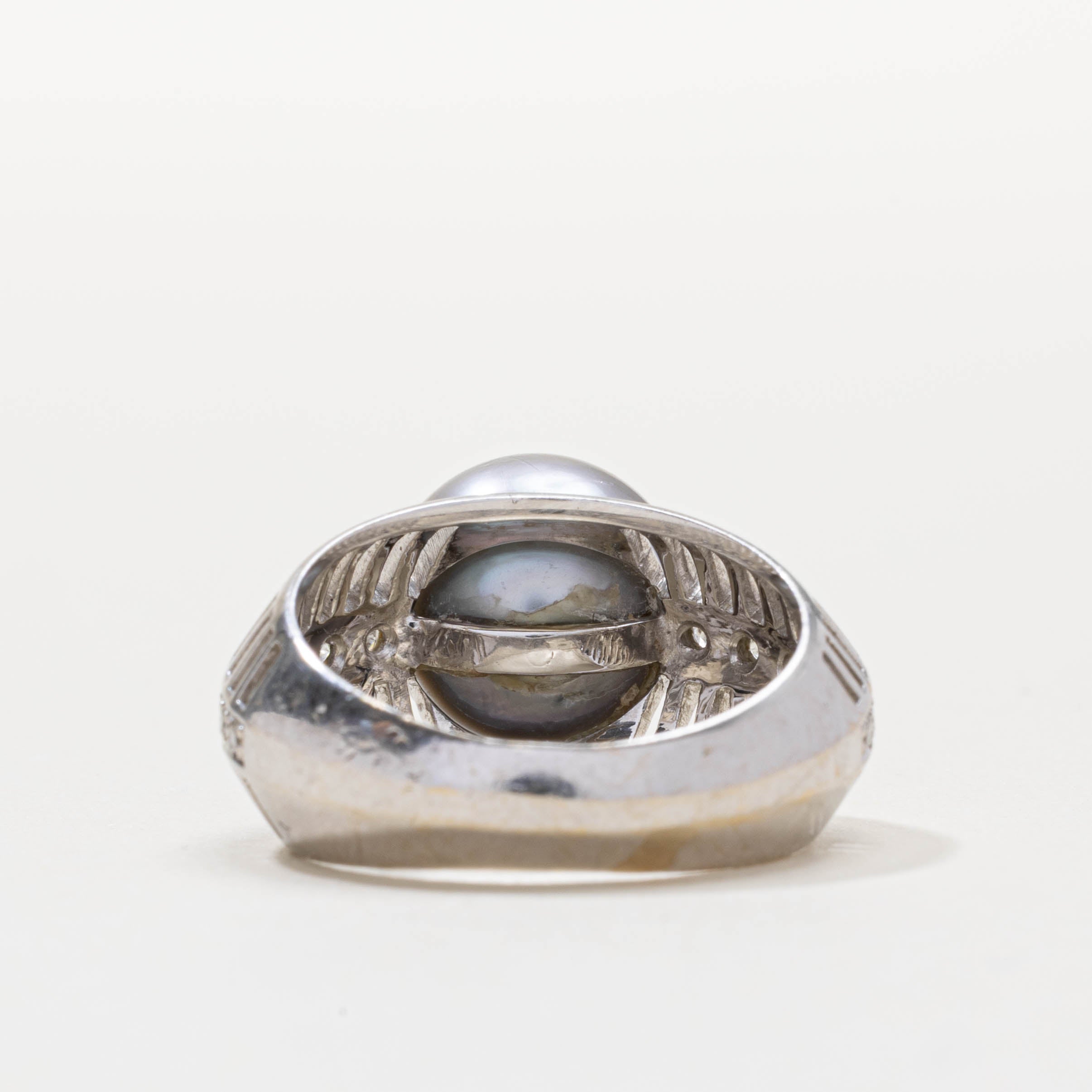 18k Pearl & Diamond Openwork Cocktail Ring | SZ 6.75