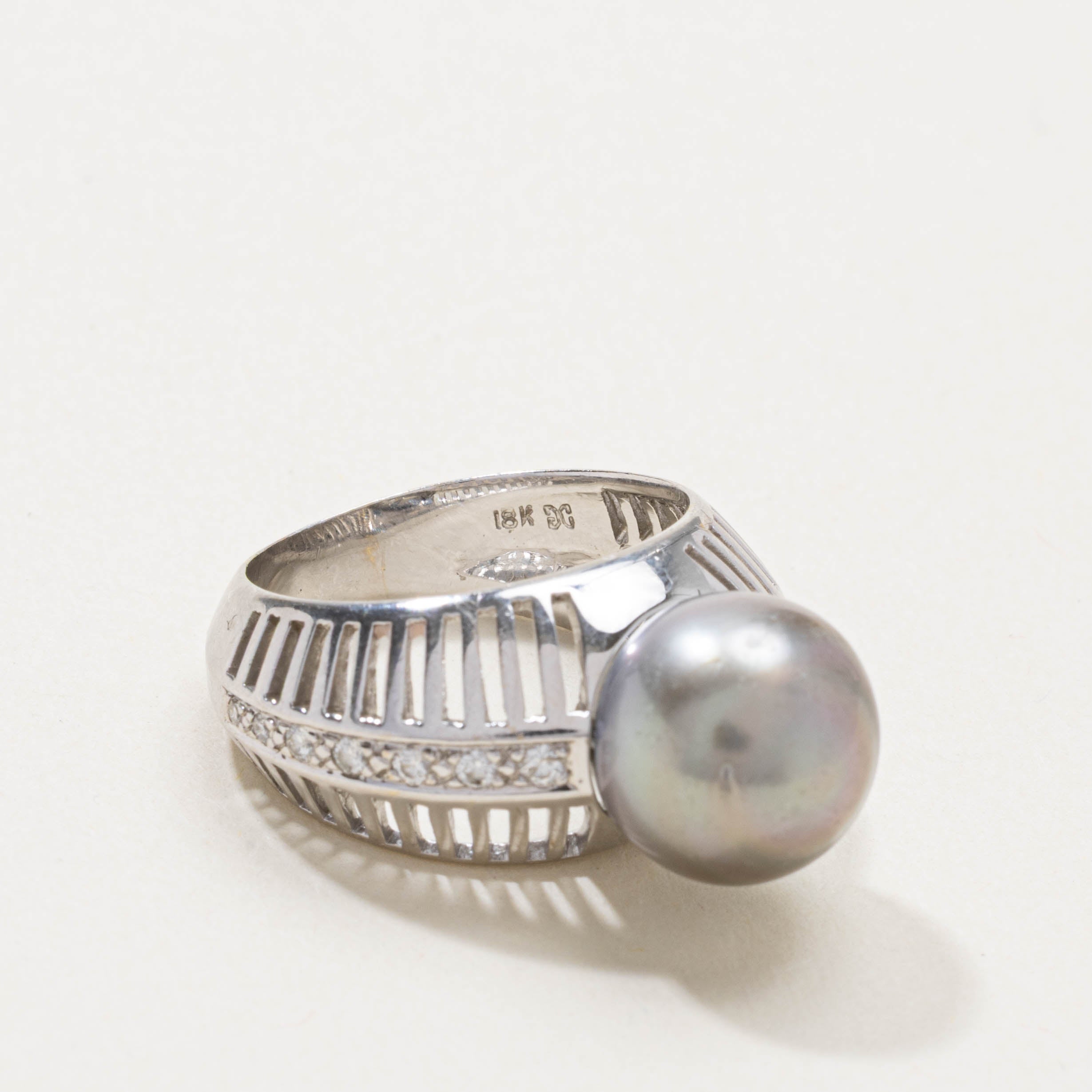 18k Pearl & Diamond Openwork Cocktail Ring | SZ 6.75
