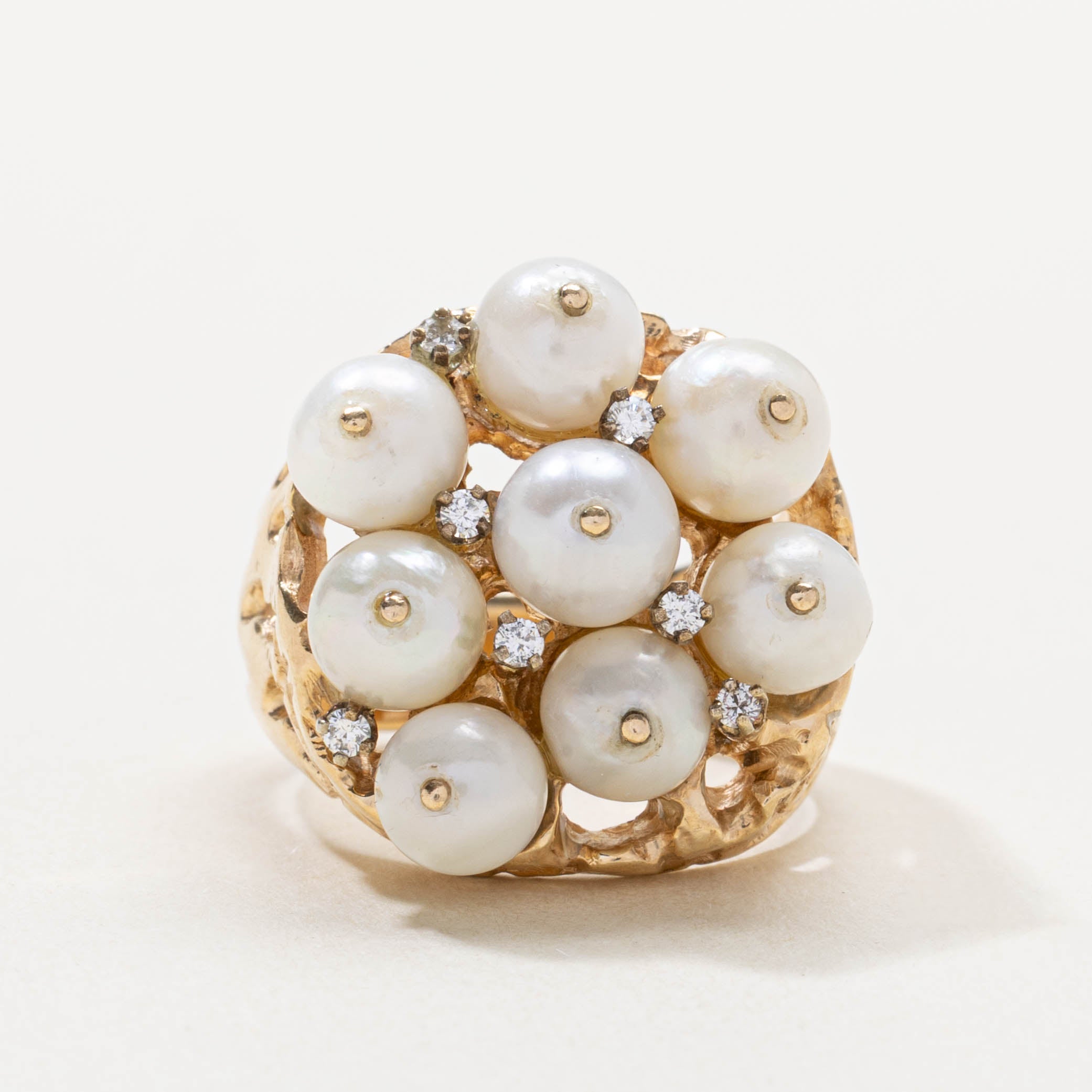 14k Pearl & Diamond Cluster Textured Cocktail Ring | SZ 7.5