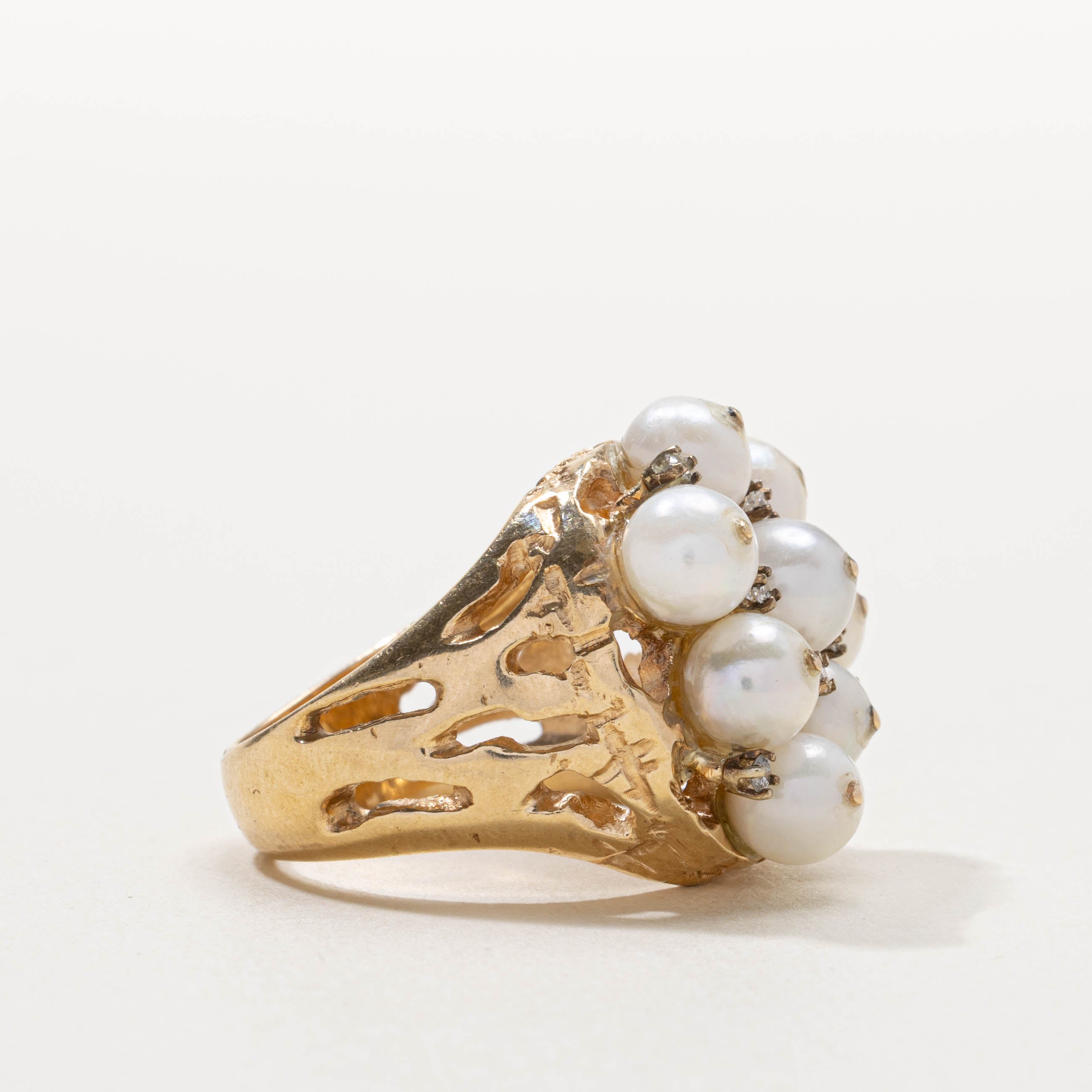 14k Pearl & Diamond Cluster Textured Cocktail Ring | SZ 7.5