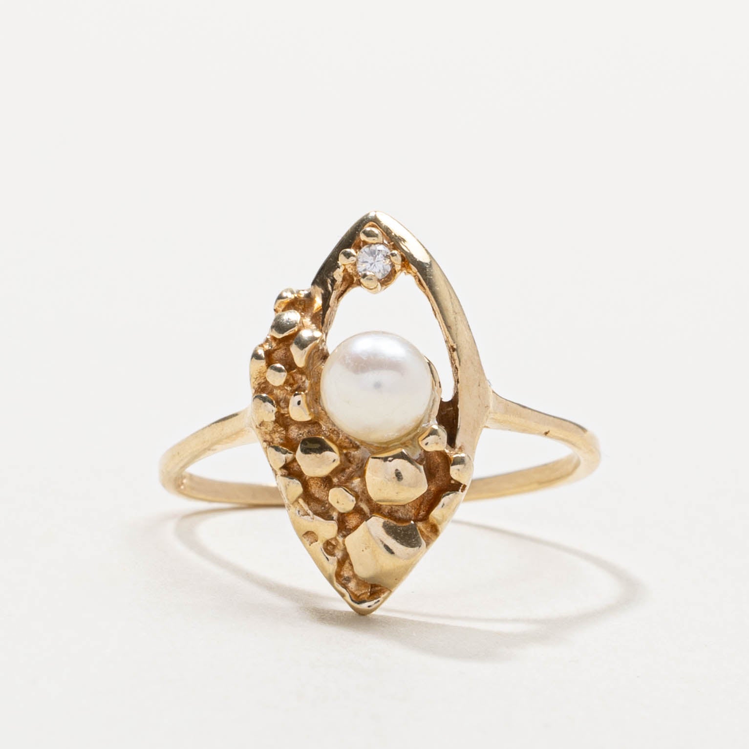 14k Pearl & Diamond Nuggety Marquise Shaped Ring | SZ 7.5