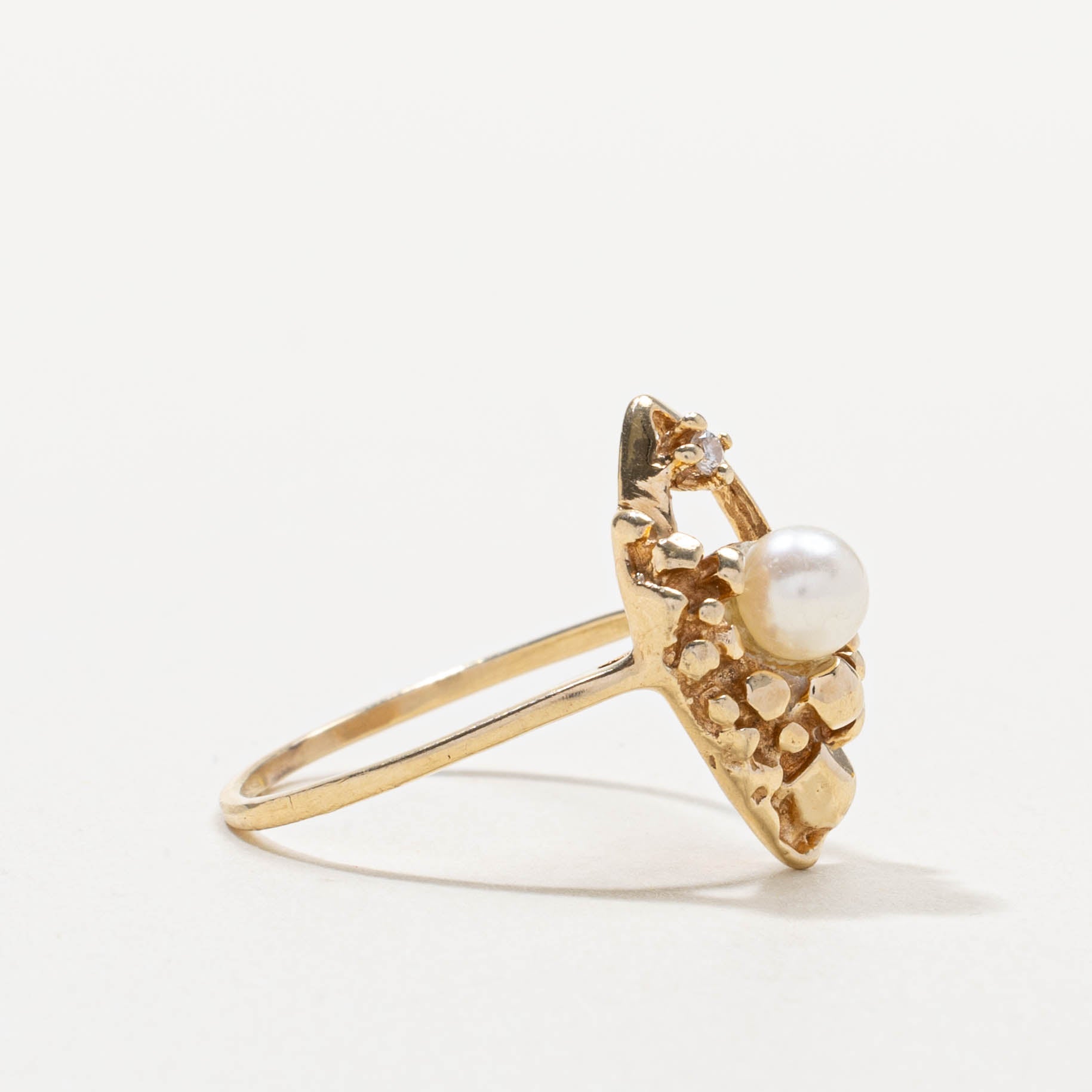 14k Pearl & Diamond Nuggety Marquise Shaped Ring | SZ 7.5