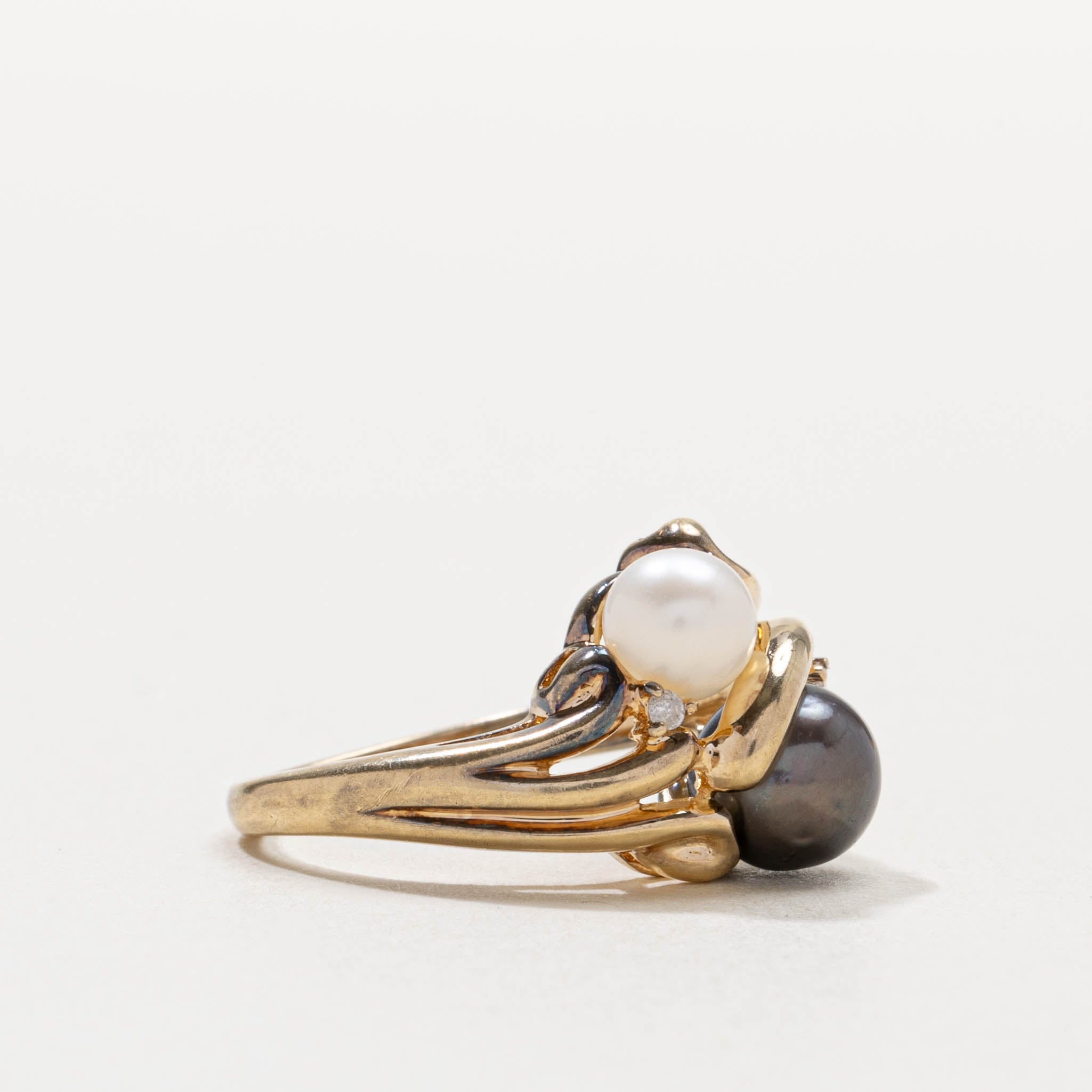 14k Black & White Pearl & Diamond Toi et Moi Ring | SZ 4.75