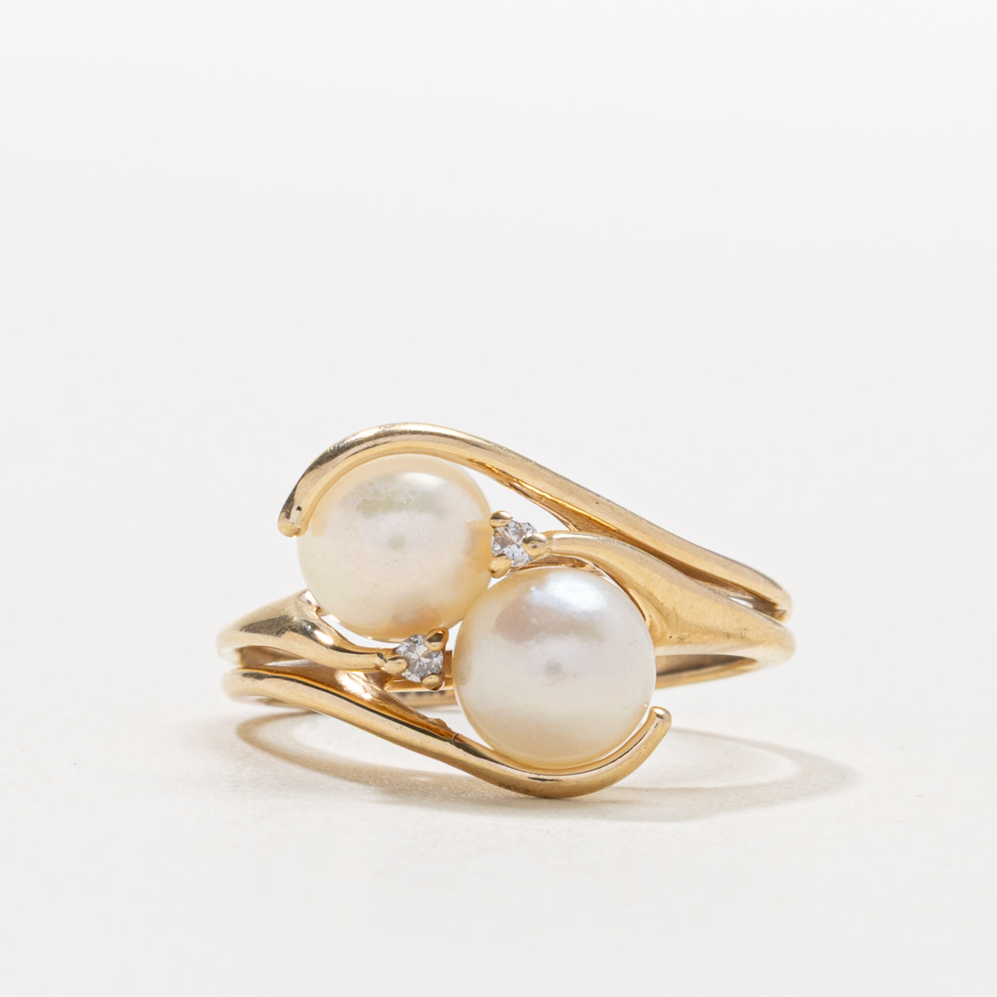 14k Two Stone Pearl & Diamond Bypass Ring | SZ 6