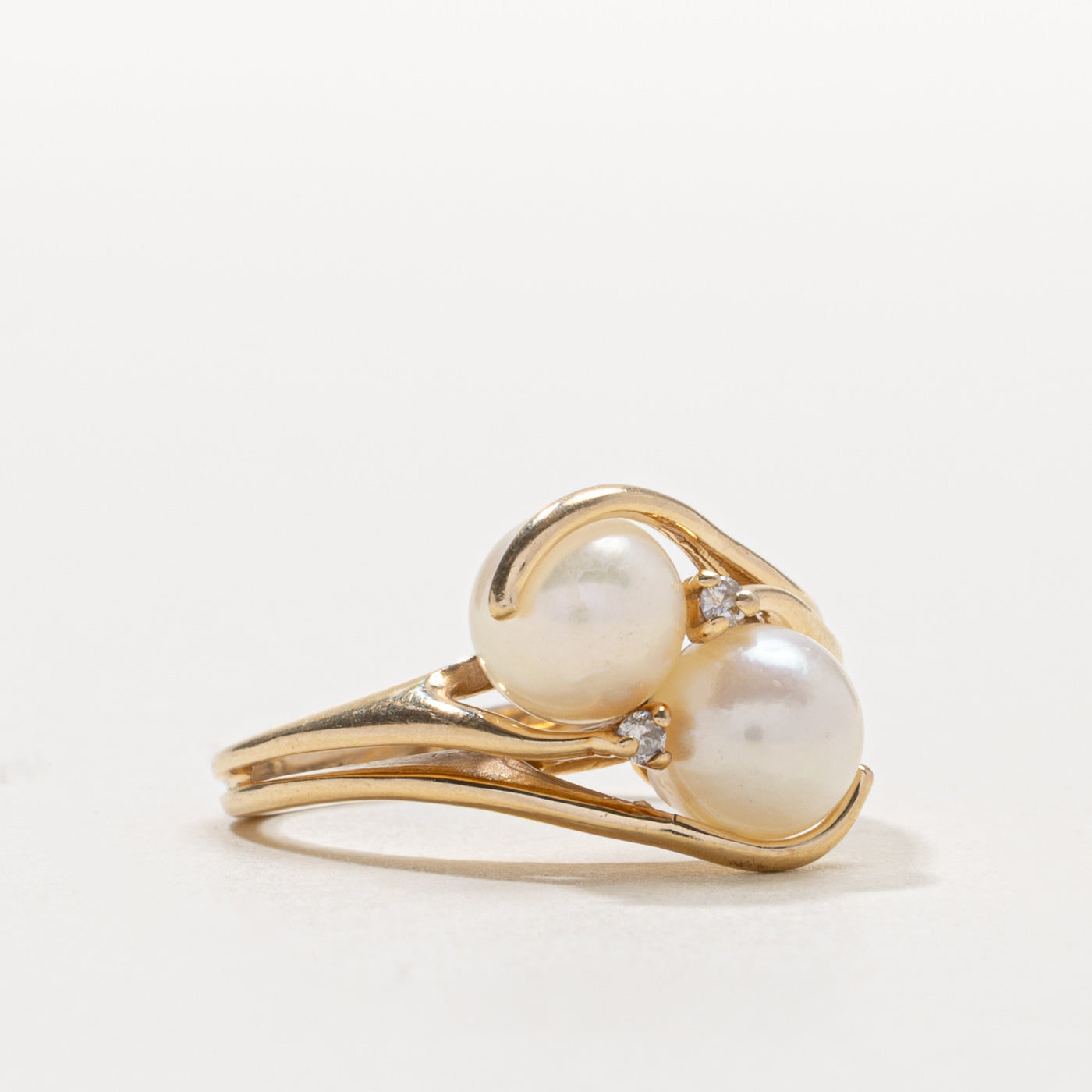 14k Two Stone Pearl & Diamond Bypass Ring | SZ 6