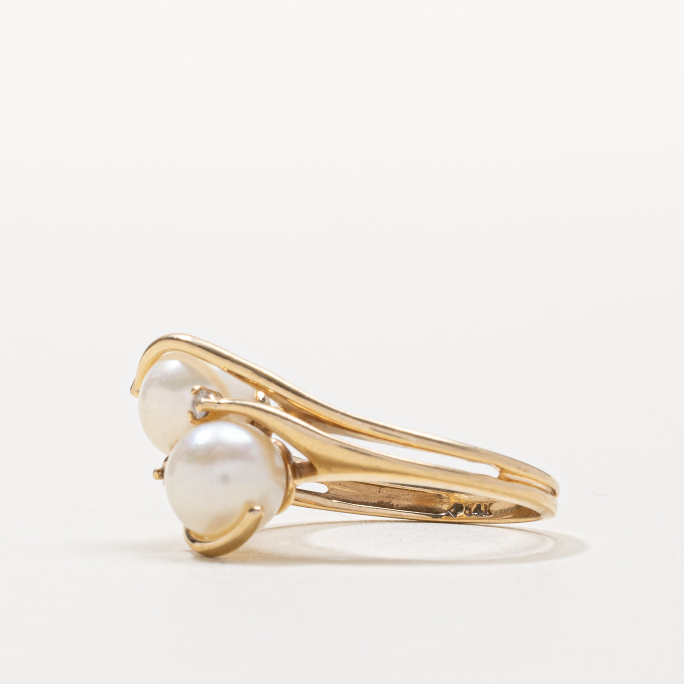 14k Two Stone Pearl & Diamond Bypass Ring | SZ 6