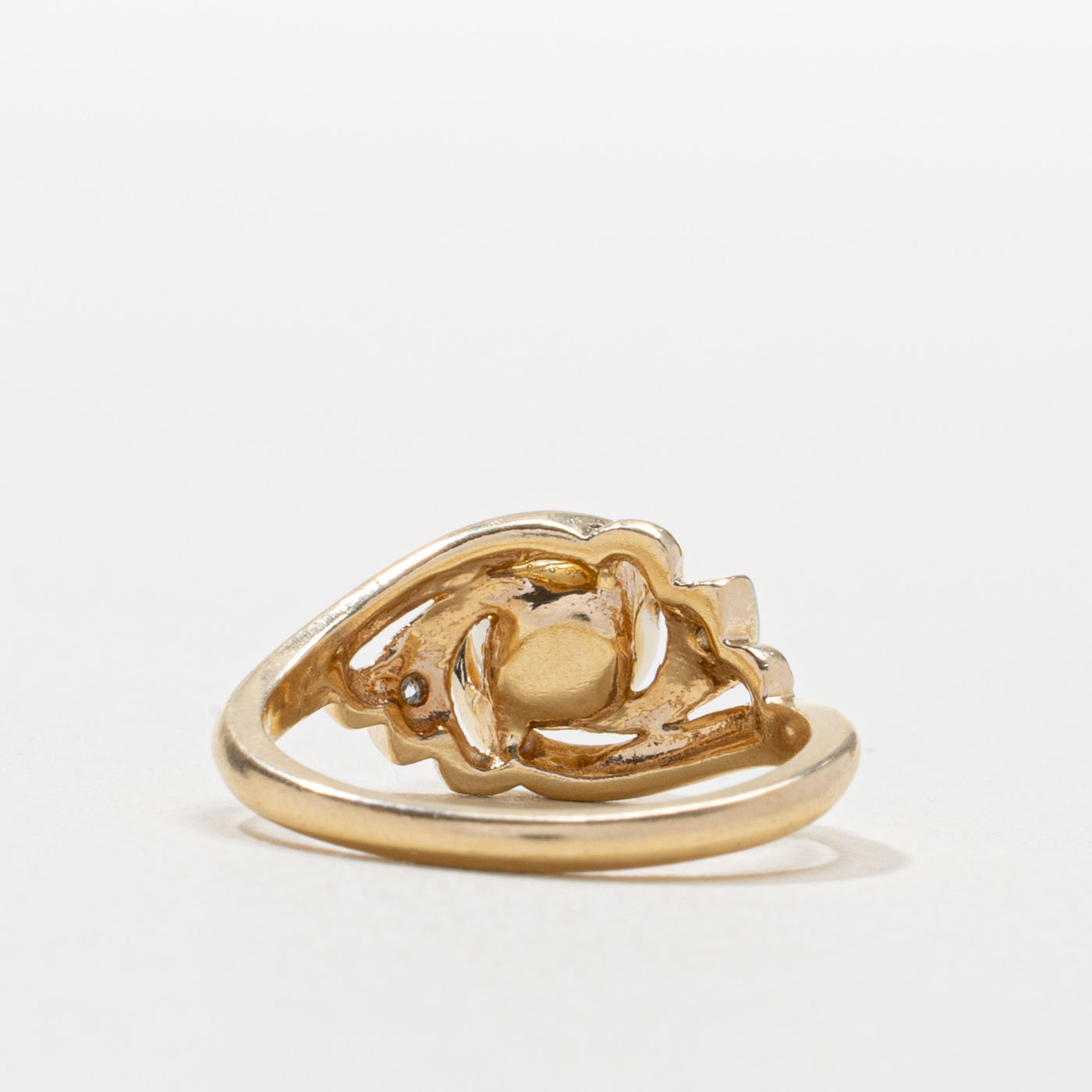 ‘Birks’ 14k Pearl & Diamond Swirl Bypass Ring | SZ 6.25