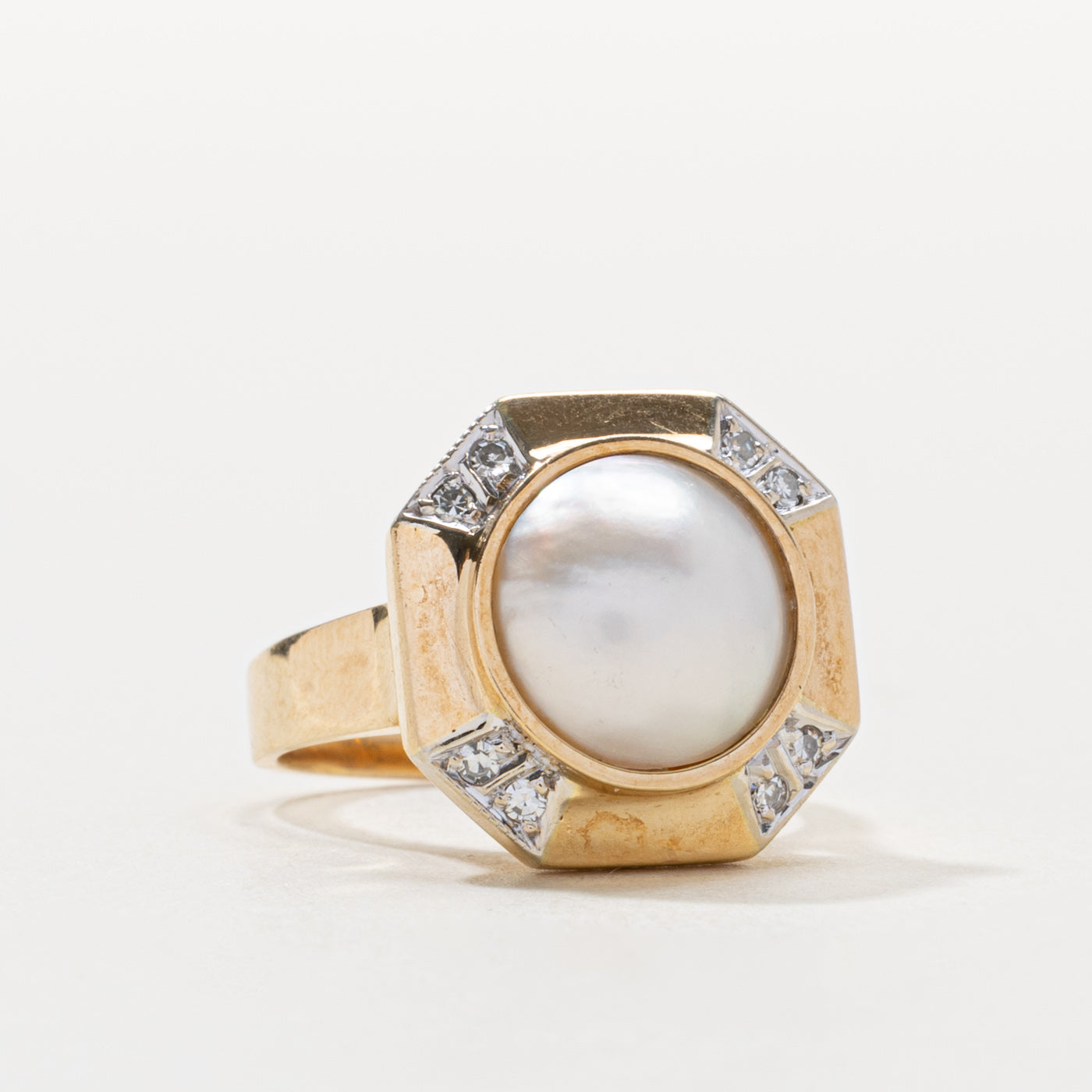 14k Mabé Pearl & Diamond Geometric Cocktail Ring | SZ 5
