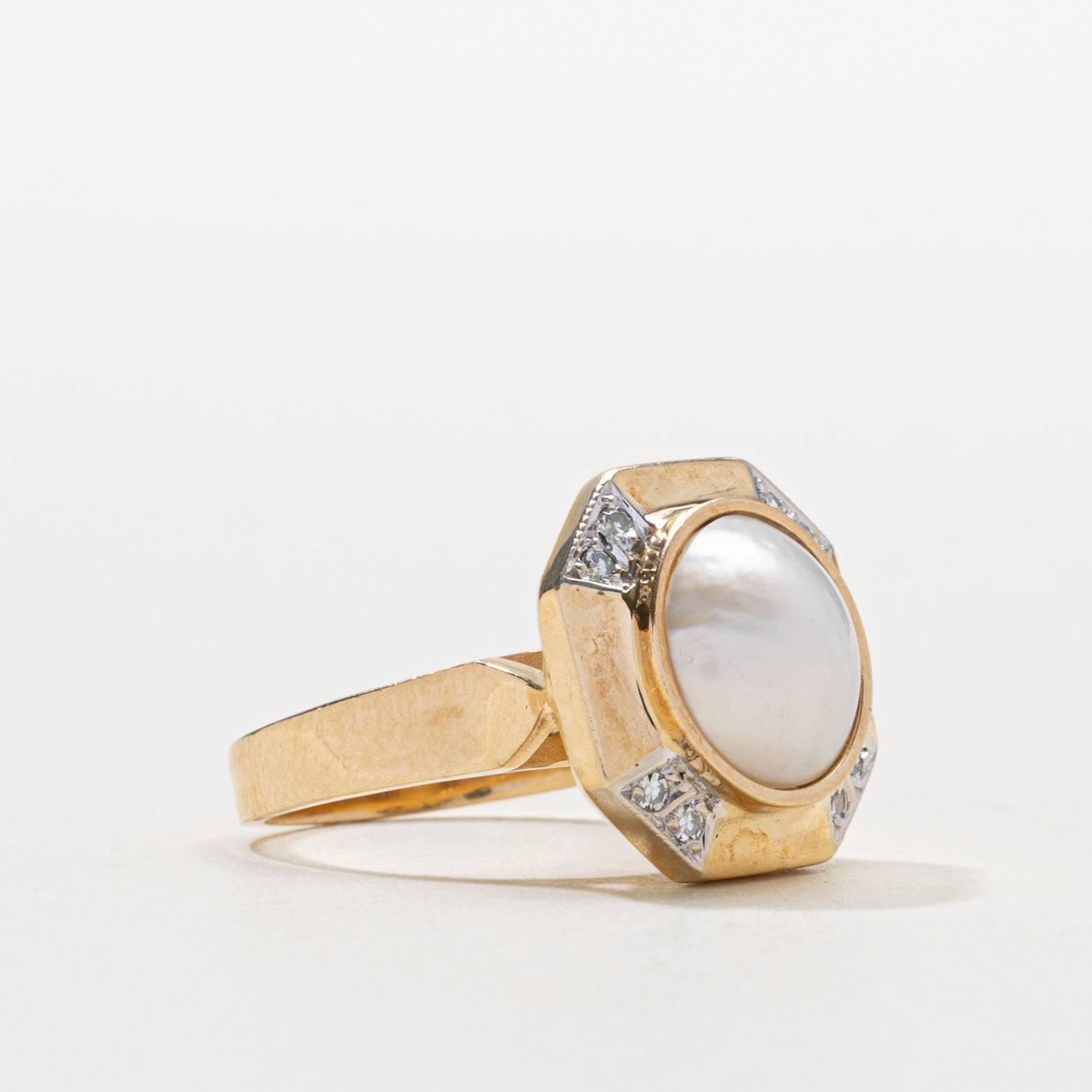 14k Mabé Pearl & Diamond Geometric Cocktail Ring | SZ 5