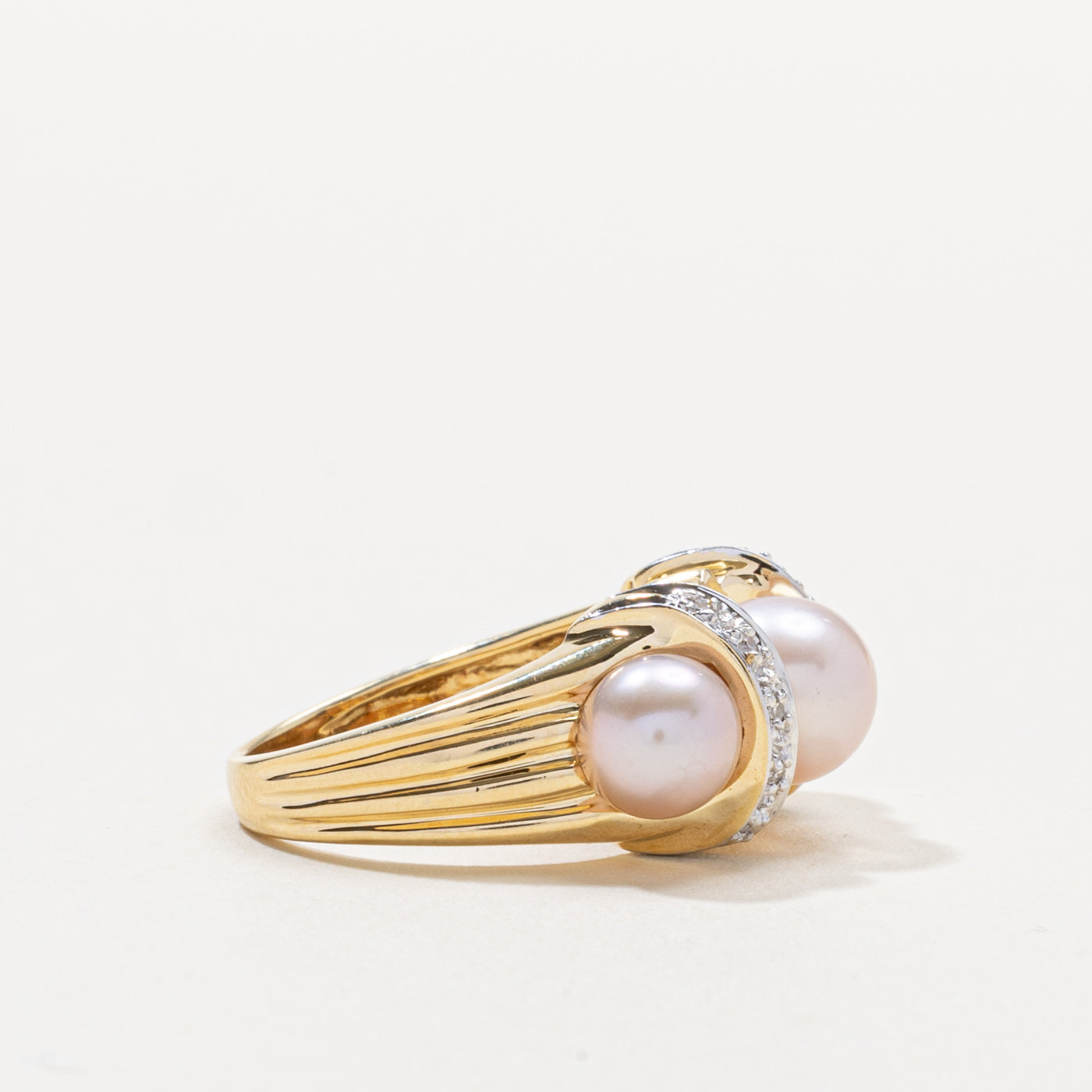 14k Three Stone Pink Pearl & Diamond Ring | SZ 5.25