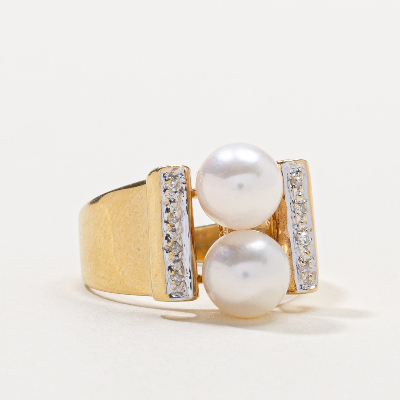 14k Two Stone Pearl & Diamond Cocktail Ring | SZ 6