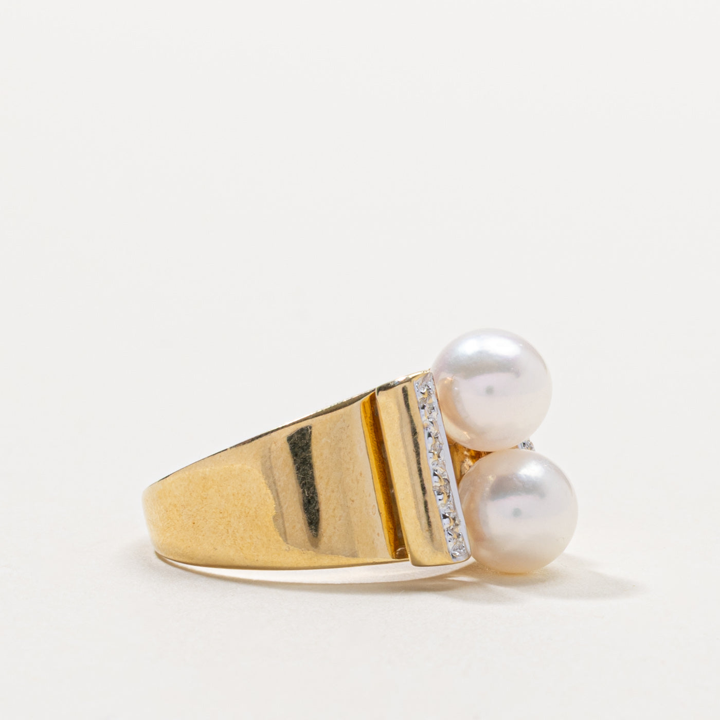 14k Two Stone Pearl & Diamond Cocktail Ring | SZ 6