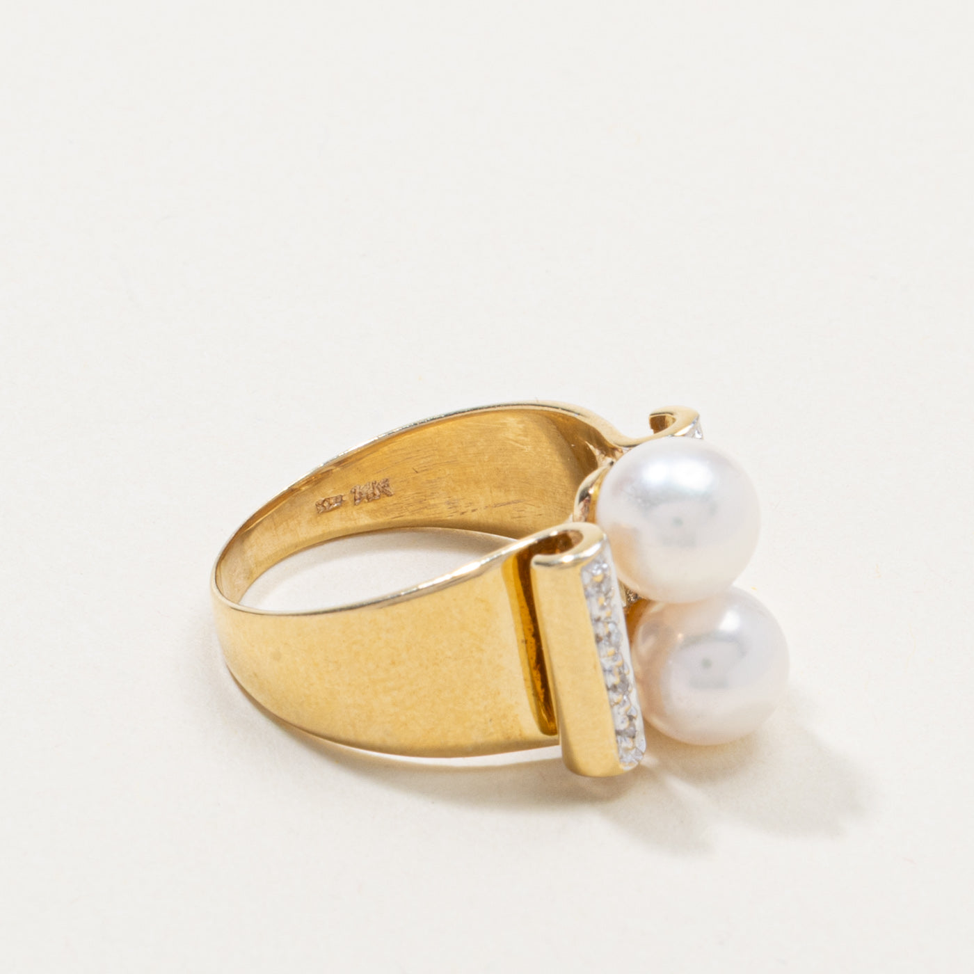 14k Two Stone Pearl & Diamond Cocktail Ring | SZ 6