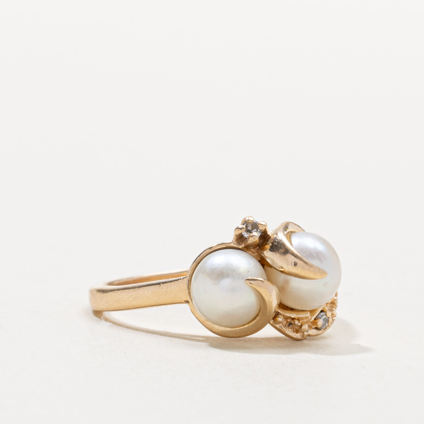 10k Two Stone Pearl & Diamond Accented Ring | SZ 6.5