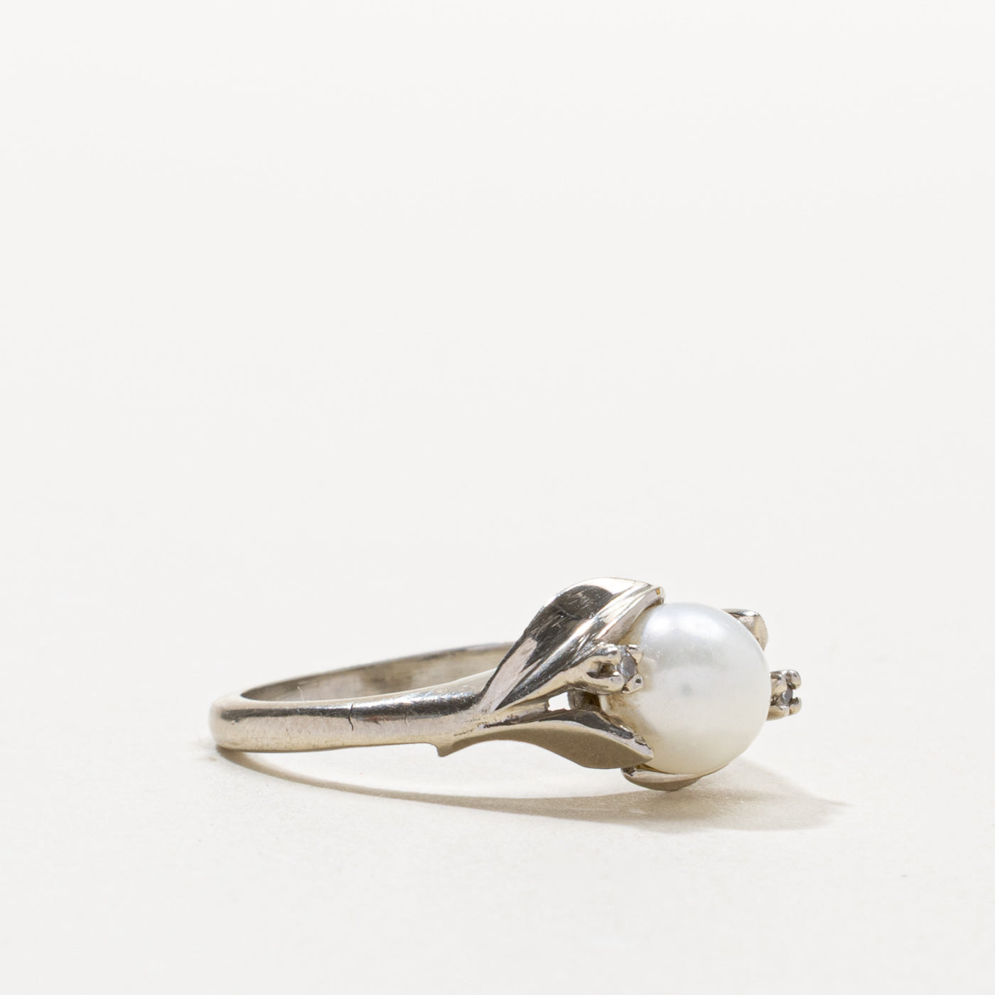 10k Pearl & Diamond Accented Bypass Ring | SZ 7