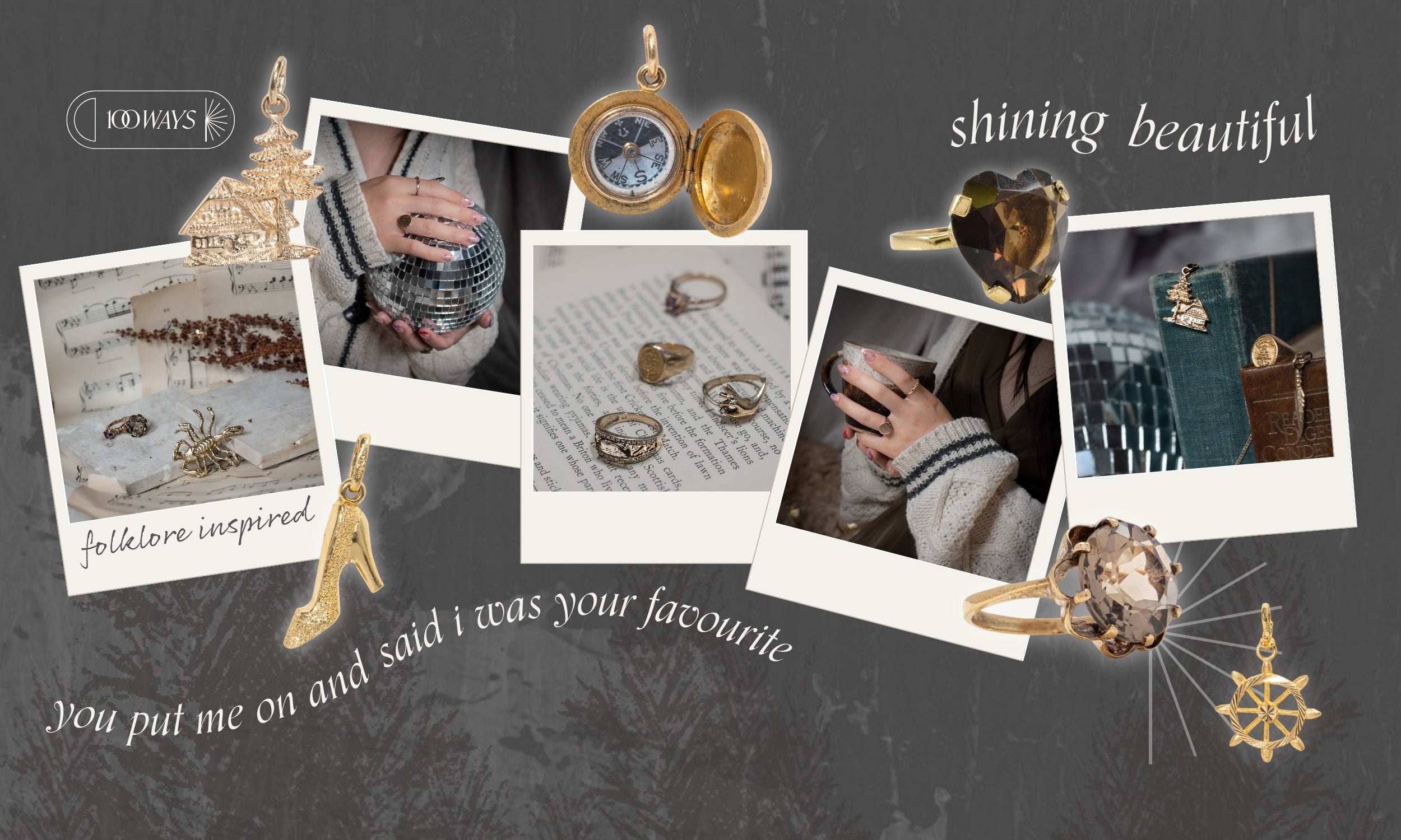 collection of polaroid images of a jewellery styled photo shoot inspired by the folklore era, overlays of vintage fine jewellery pieces that are curated to the era and selection of lyrics in text