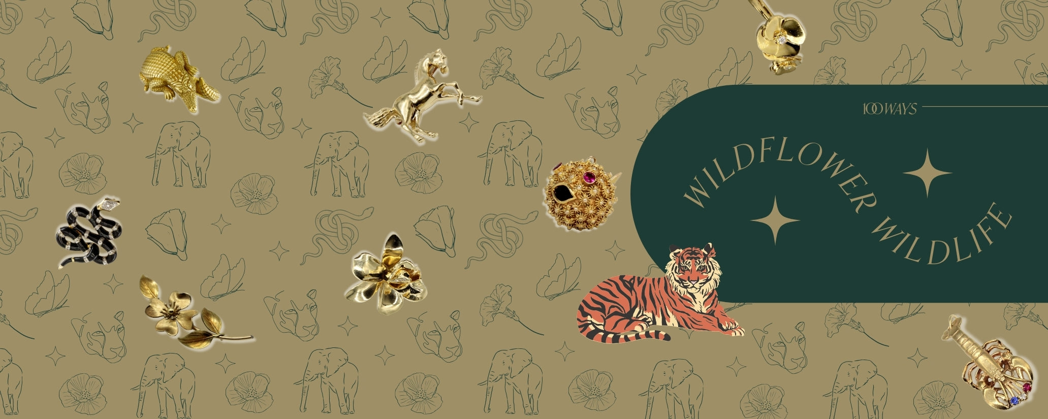 Monoline nature inspired artwork as wallpaper, with assortment of nature inspired jewelry over top. Text over image: Wildflower Wildlife 100 Ways