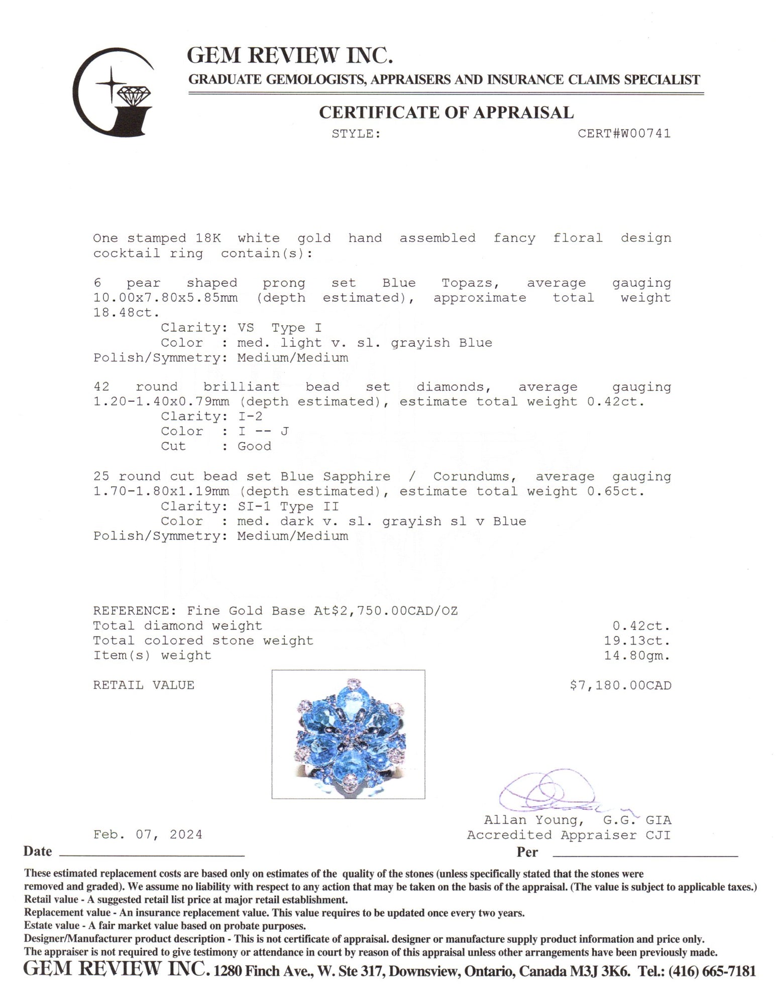 18K White Gold Blue Topaz, Sapphire, and Diamond Ring | 18.48 ctw, 0.42 ctw, 0.65 ctw | SZ 9 |
