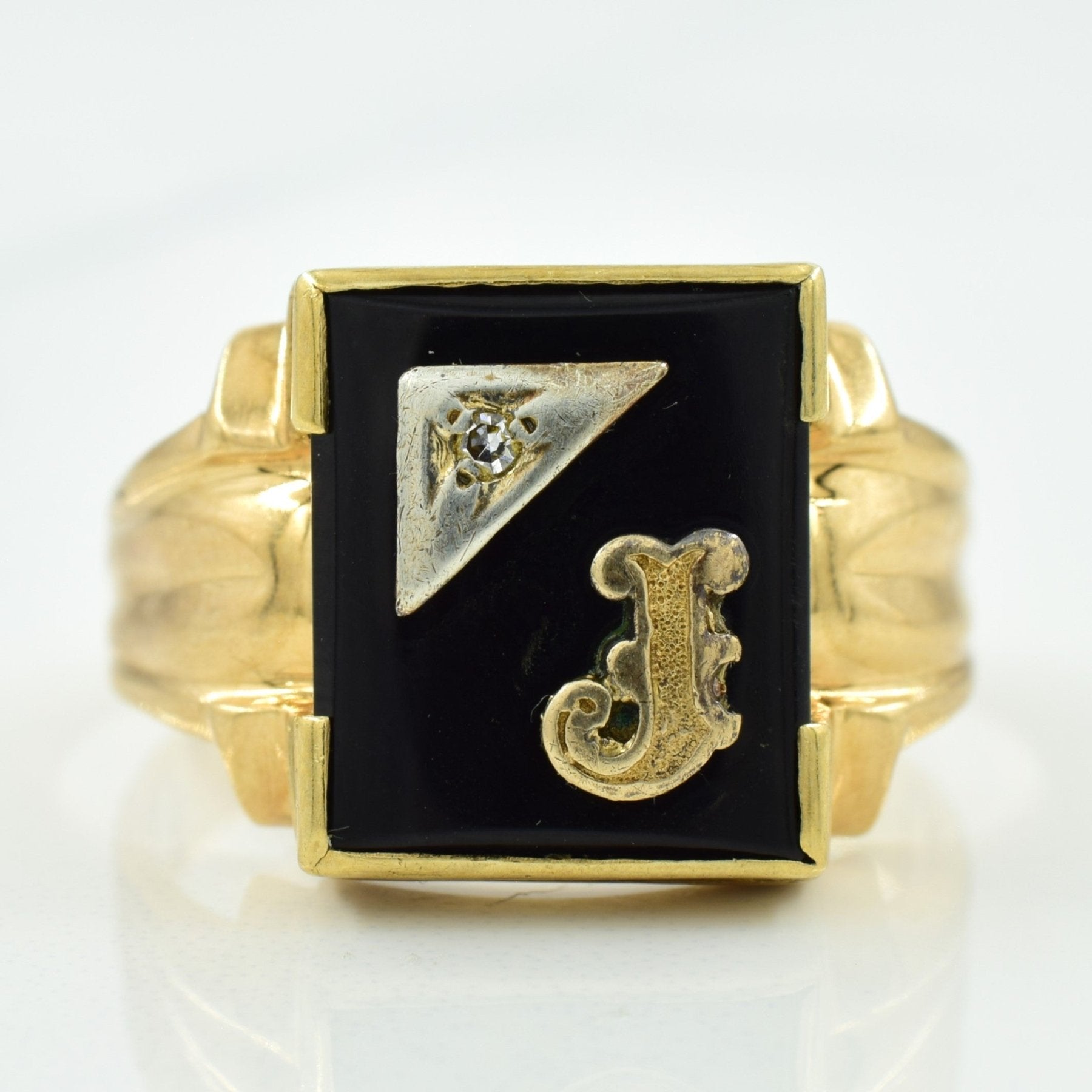 'J' Initialed Black Onyx & Diamond Ring | 6.00ct, 0.02ct | SZ 12 | - 100 Ways