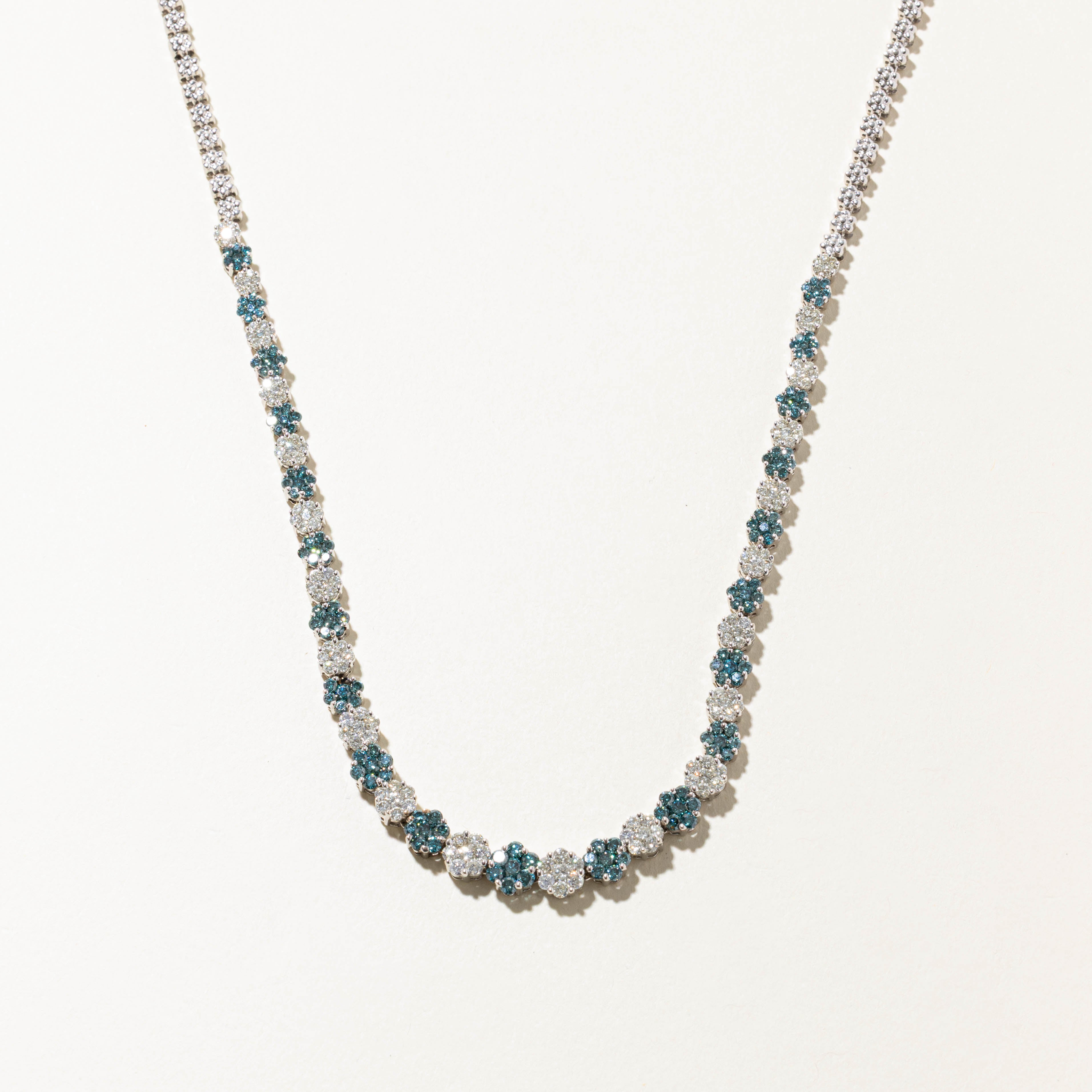 14k Blue & White Diamond Encrusted Floral Cluster Necklace | 8.19ctw | 16"