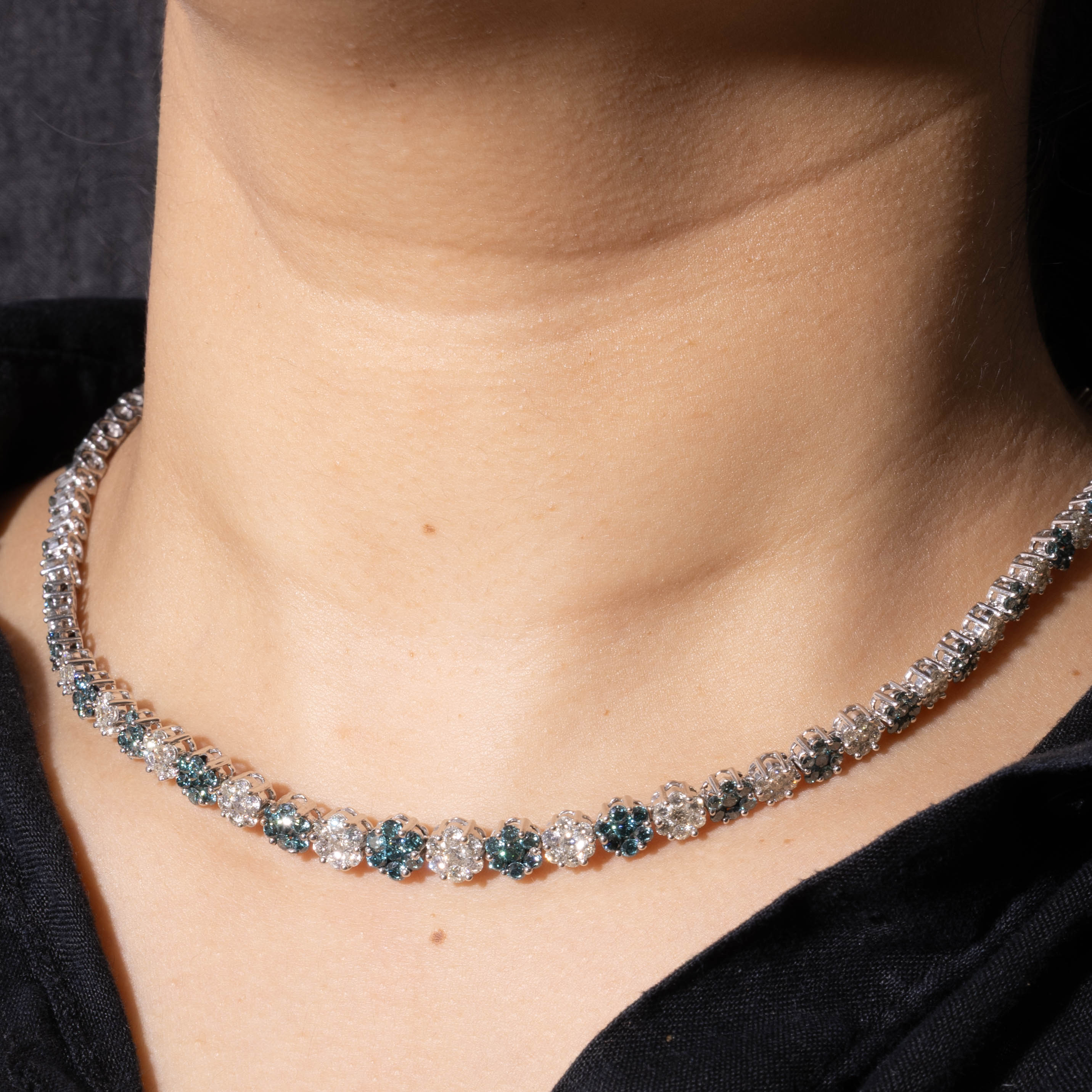 14k Blue & White Diamond Encrusted Floral Cluster Necklace | 8.19ctw | 16"