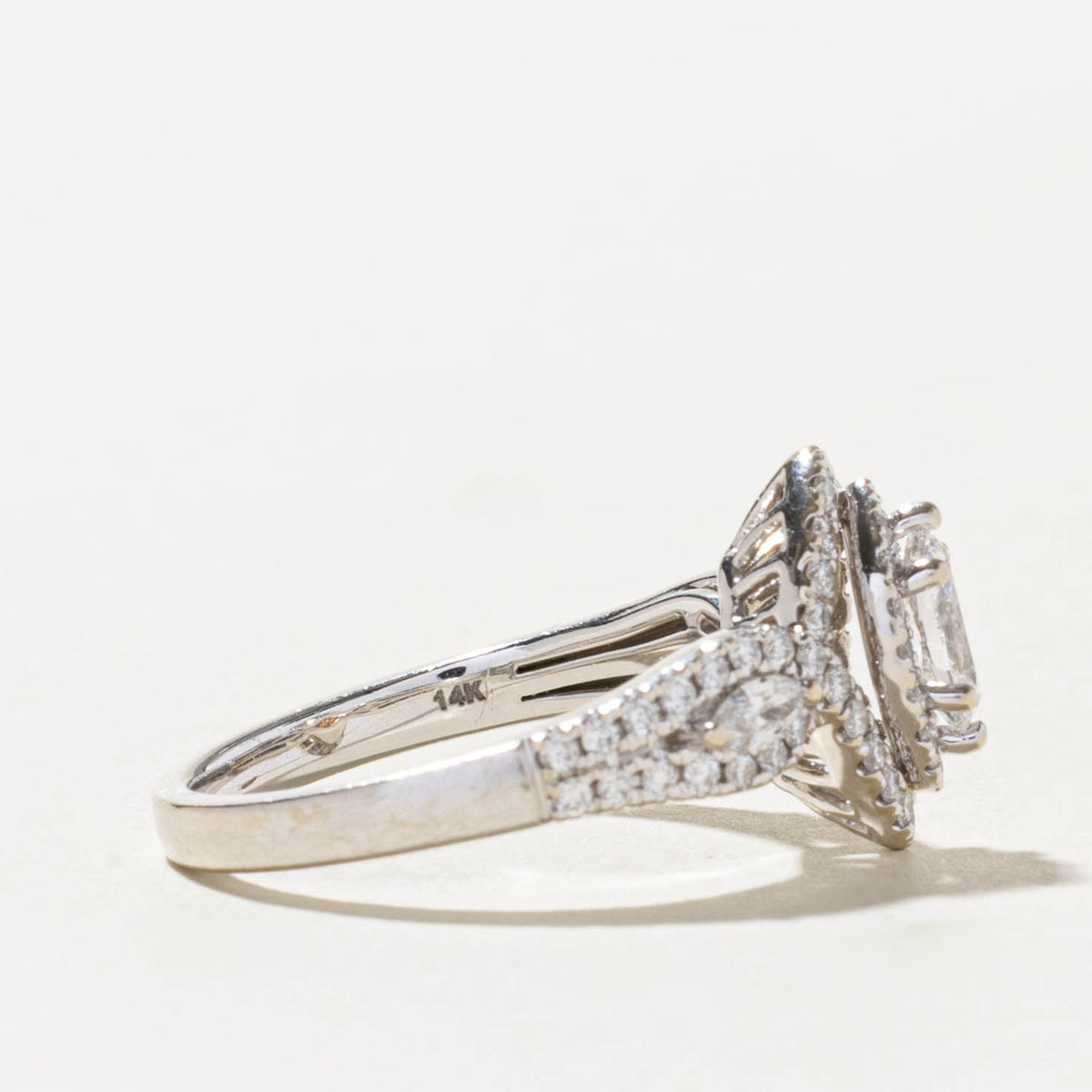 14k Pave Set Marquise Cut Diamond Halo Ring | 0.39ct SI2 E, 0.57ctw | SZ 6.5