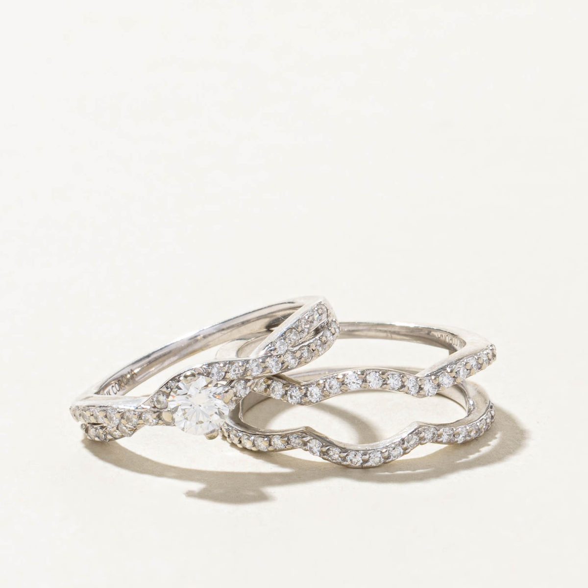 14k Pave Set Diamond Wave Wedding Ring Set | 0.30ct SI2 G, 0.70ctw | SZ 5.25