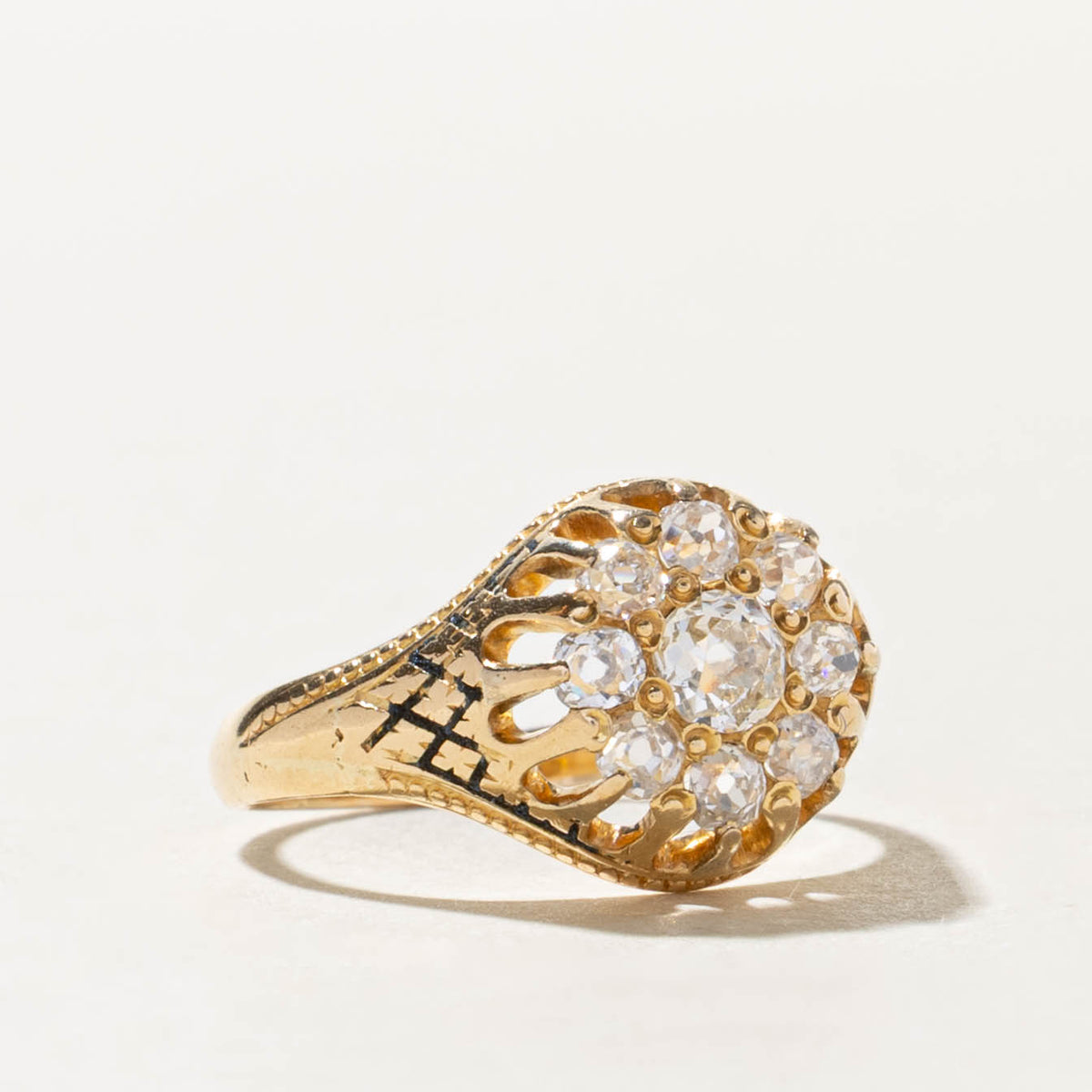 18k Old Mine Cut Diamond Cluster Engraved Ring | 0.65ctw | SZ 6.75