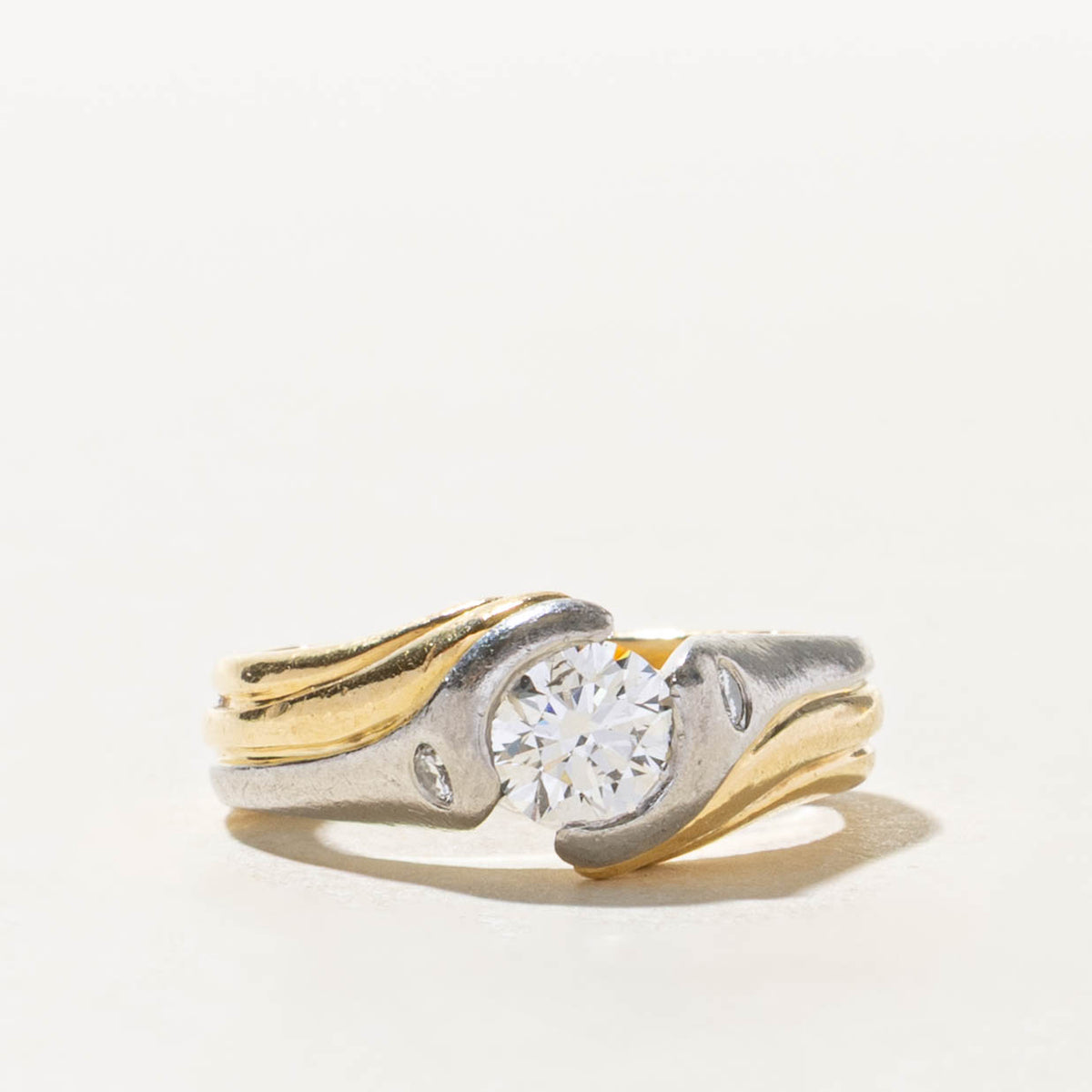 Two Tone Semi Bezel Set Diamond Grooved Bypass Ring | 0.66ct SI2 G, 0.06ctw | SZ 4.25