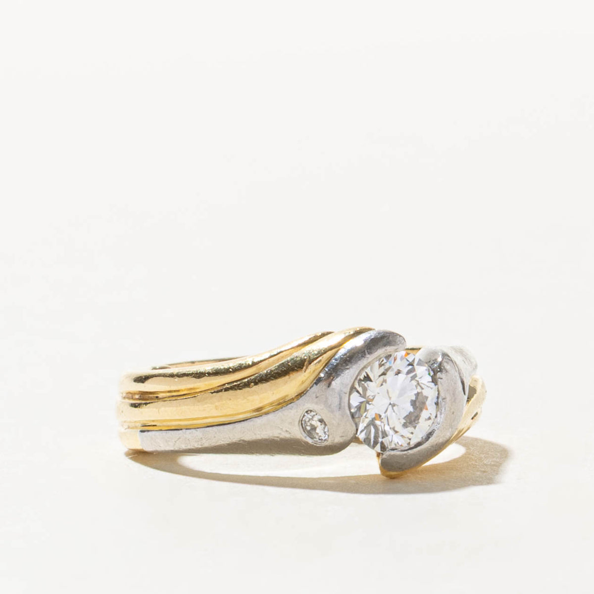 Two Tone Semi Bezel Set Diamond Grooved Bypass Ring | 0.66ct SI2 G, 0.06ctw | SZ 4.25